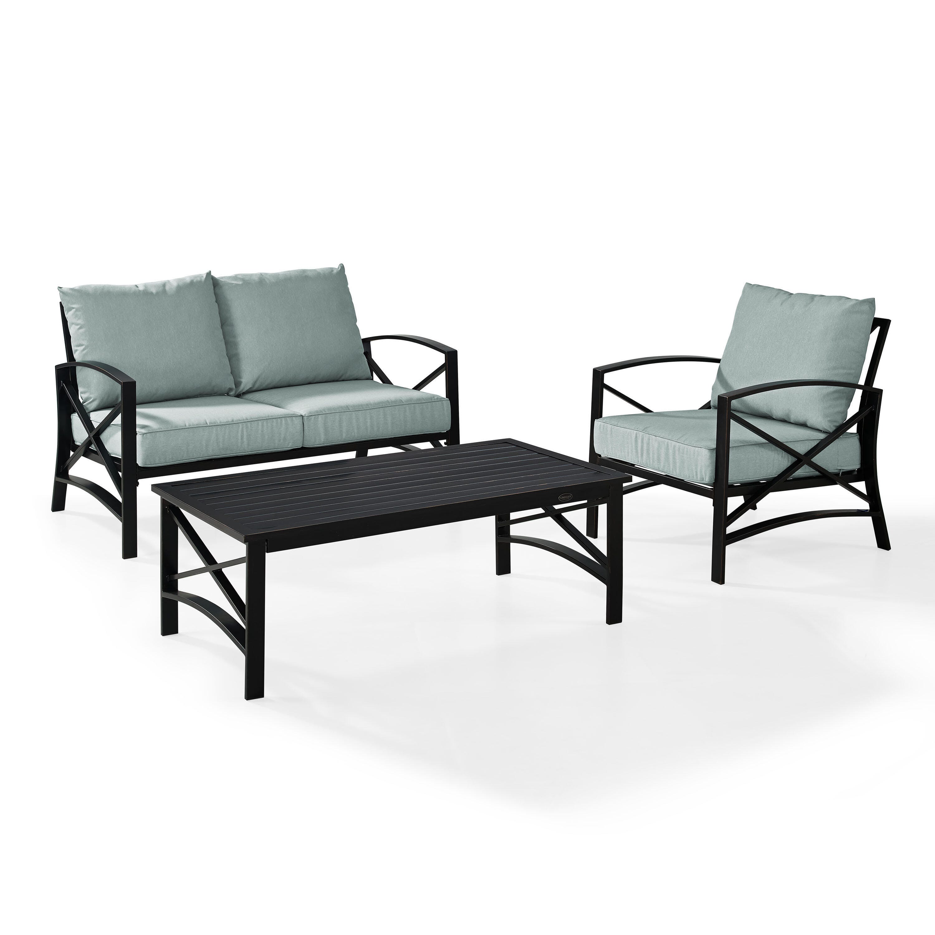 Crosley Furniture Kaplan Outdoor Loveseat and Lounge Chair with Coffee Table, Mist, large