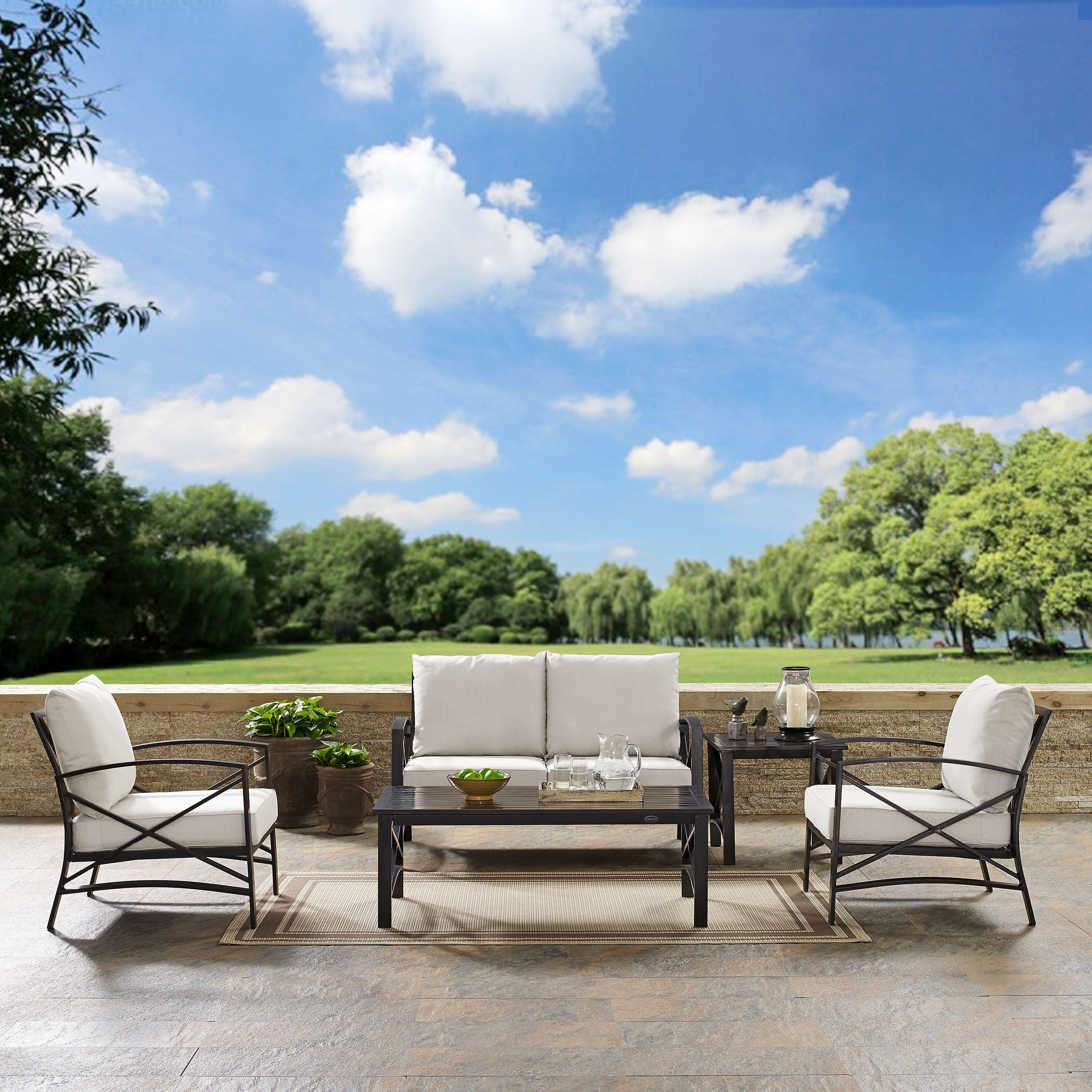 Crosley Furniture Kaplan Outdoor Conversation Set with Fire Pit Table, Oatmeal, large