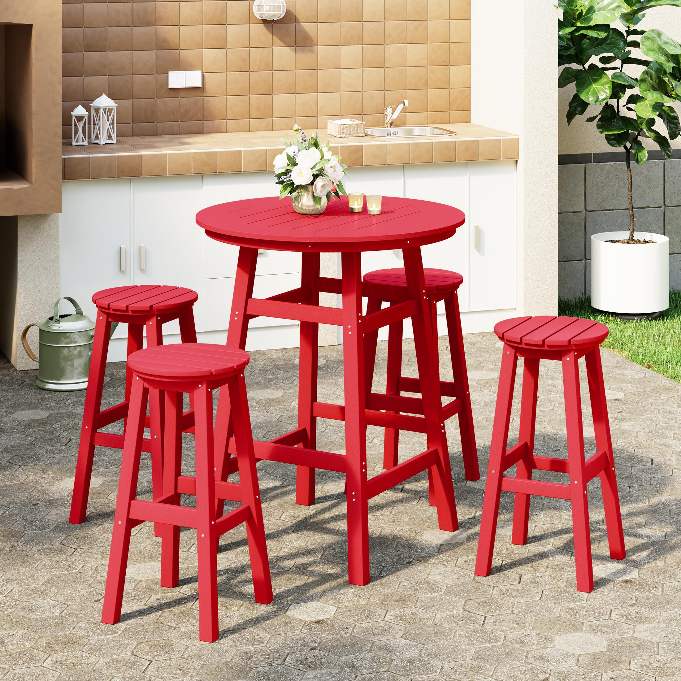 Westin Furniture Otto Outdoor Bar Height Bar Table and 4 Bar Stools, Red, rollover