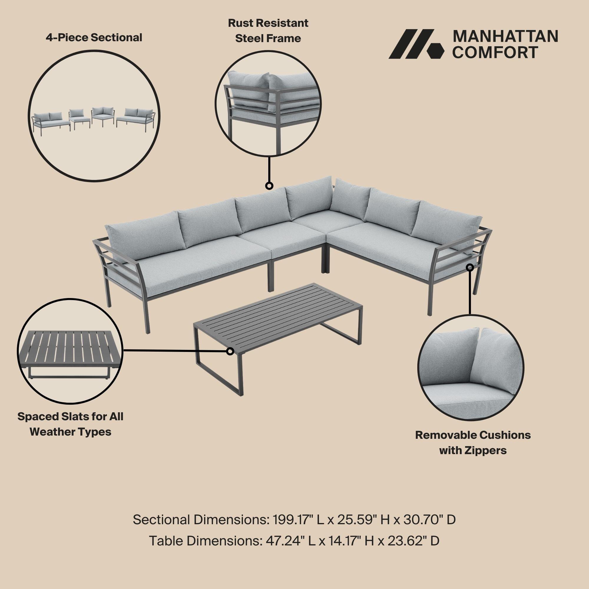Manhattan Comfort Sunnyside 5-Piece Outdoor Conversation Set With Coffee Table, Gray, large