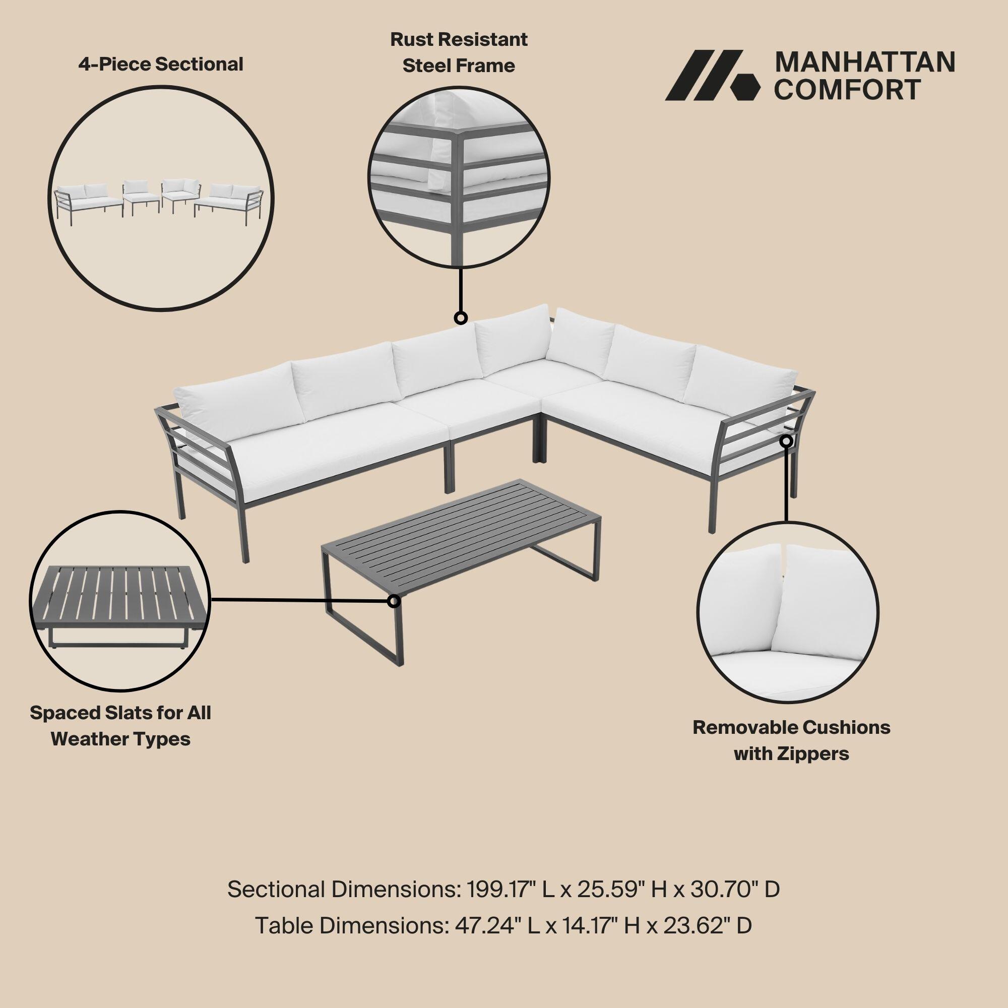 Manhattan Comfort Sunnyside 5-Piece Outdoor Conversation Set With Coffee Table, White, large