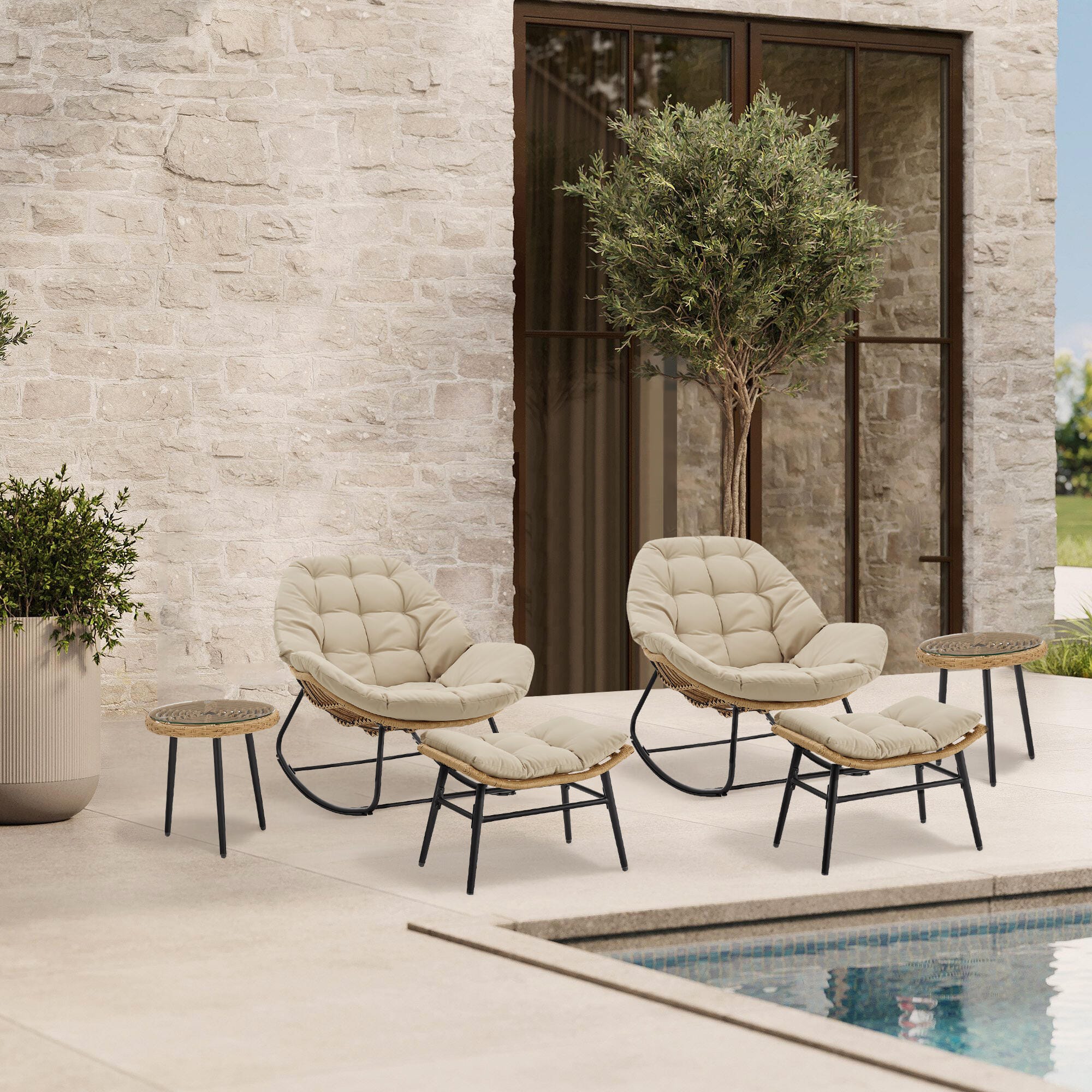 Manhattan Comfort Benson Outdoor Rocking Chair With Ottoman And Coffee Table, Cream, rollover