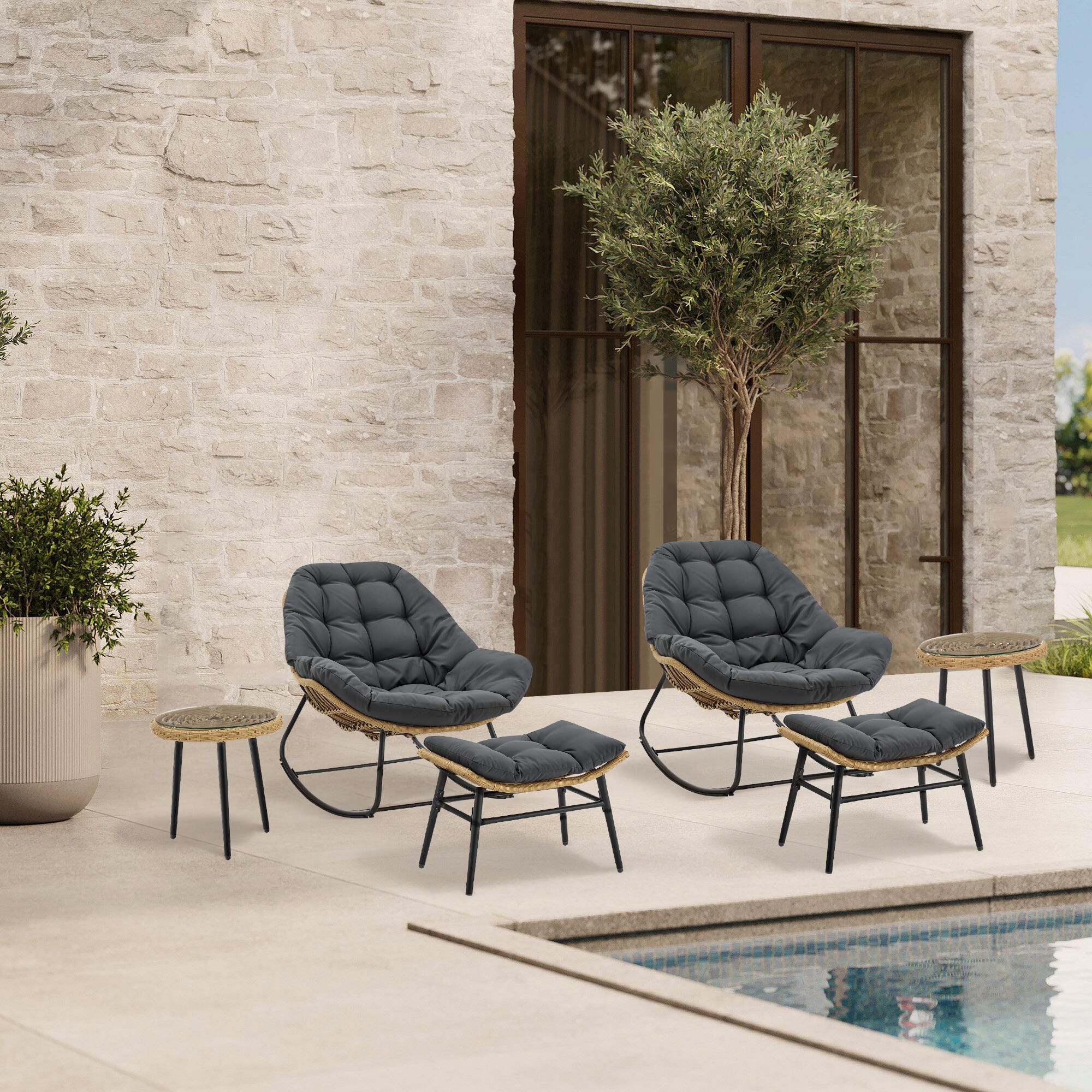 Manhattan Comfort Benson Outdoor Rocking Chair With Ottoman And Coffee Table, Gray, rollover