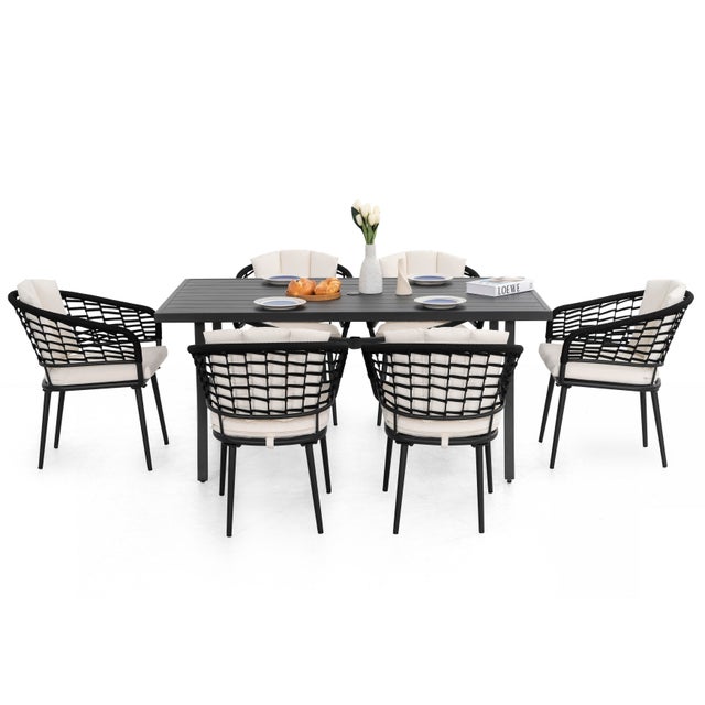 Nuu Garden 7-Piece Rope and Aluminum Dining Set with Beige Cushions, Black/Beige