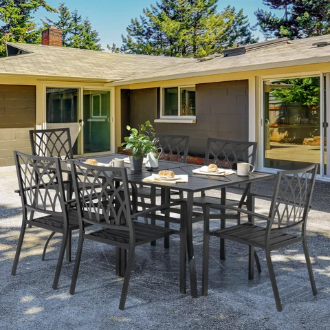 6 chair patio table with umbrella Aoodor Dining For People, 59"l X 38"w Rectangular Metal Outdoor Dining Table perfect for adding shade on sunny days JOYESERY 7-Piece Plastic Outdoor Patio