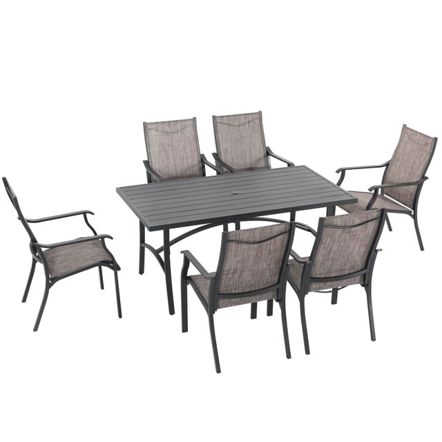 Nuu Garden Patio Aluminum Dining Set, 6 Textilene Chairs, Grayish Brown