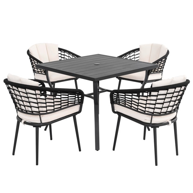 Nuu Garden Patio 5-Piece Aluminum Dining Set with Cushions, Beige, Black/Beige