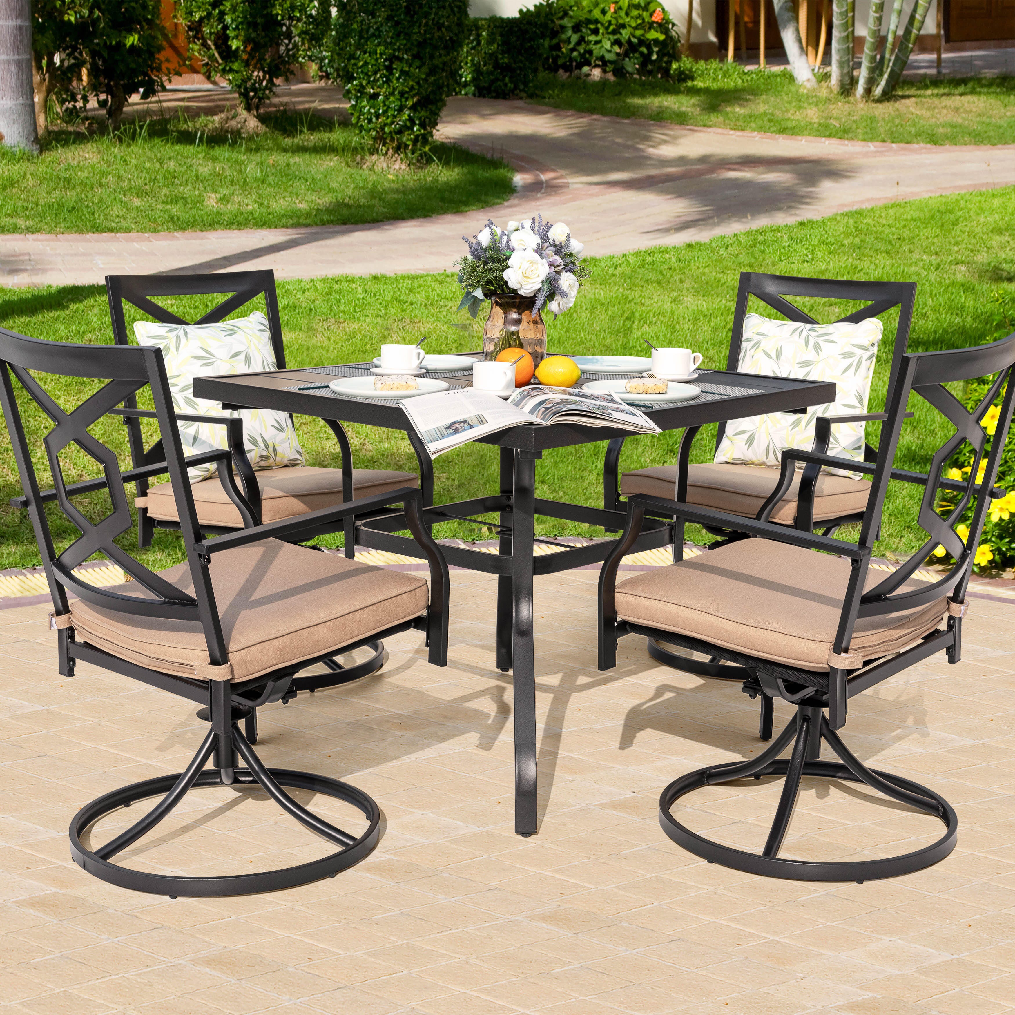 Nuu Garden Outdoor Dining Table and 4 Swivel Chairs with Cushions, , large