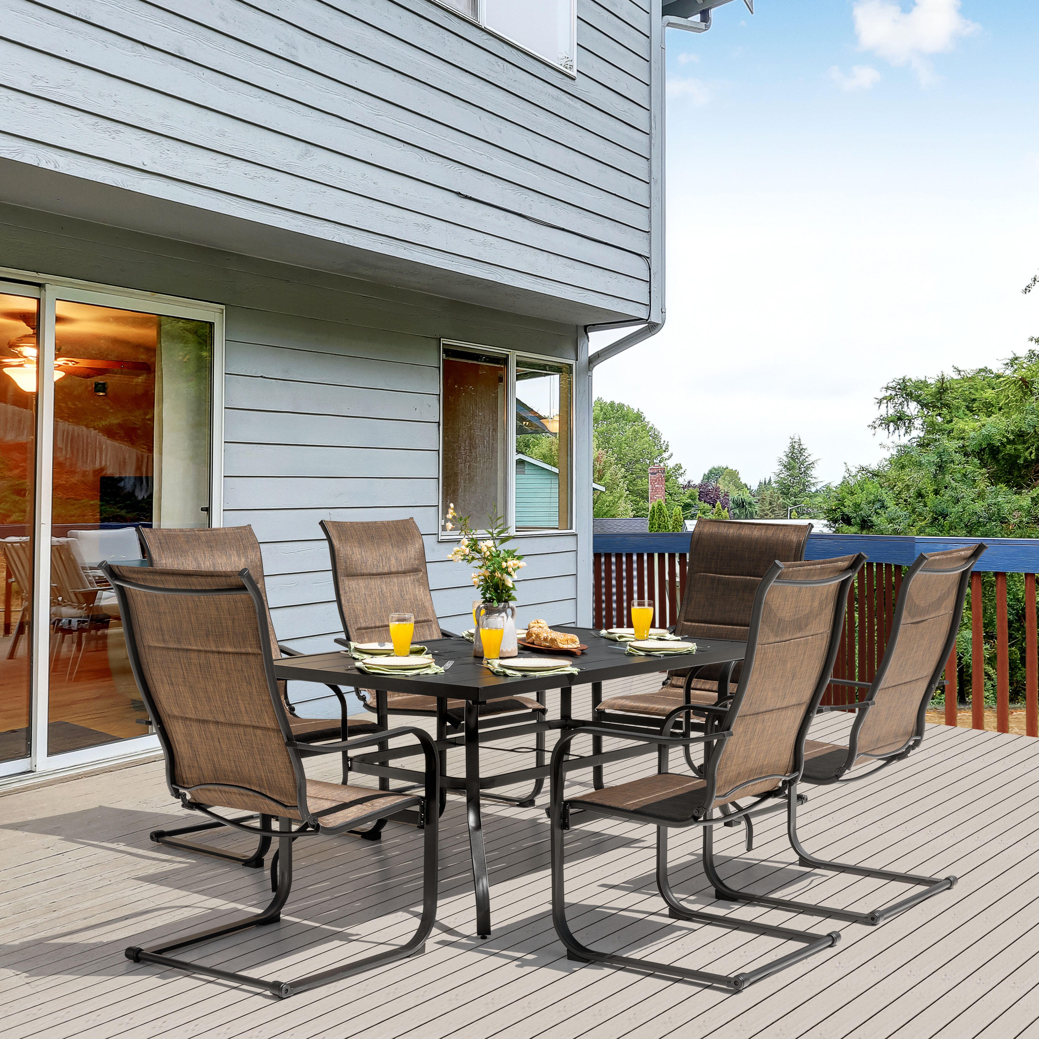 Nuu Garden Outdoor Dining Table with Umbrella Hole and 6 Chairs, , large