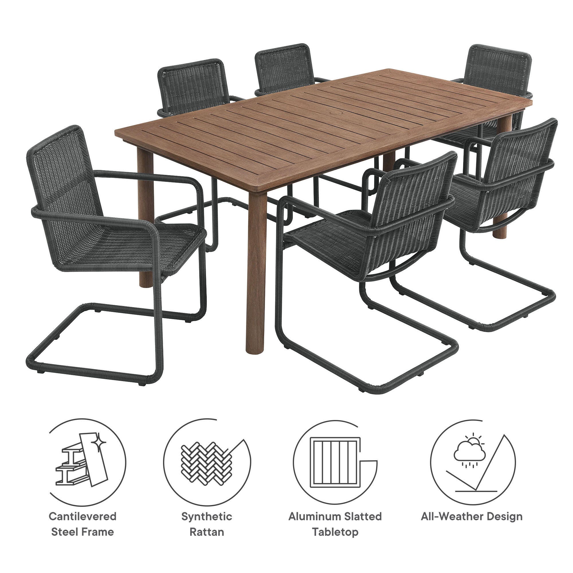 Modway Abacus Outdoor Dining Table and 6 Armchairs, Slate/Walnut, large