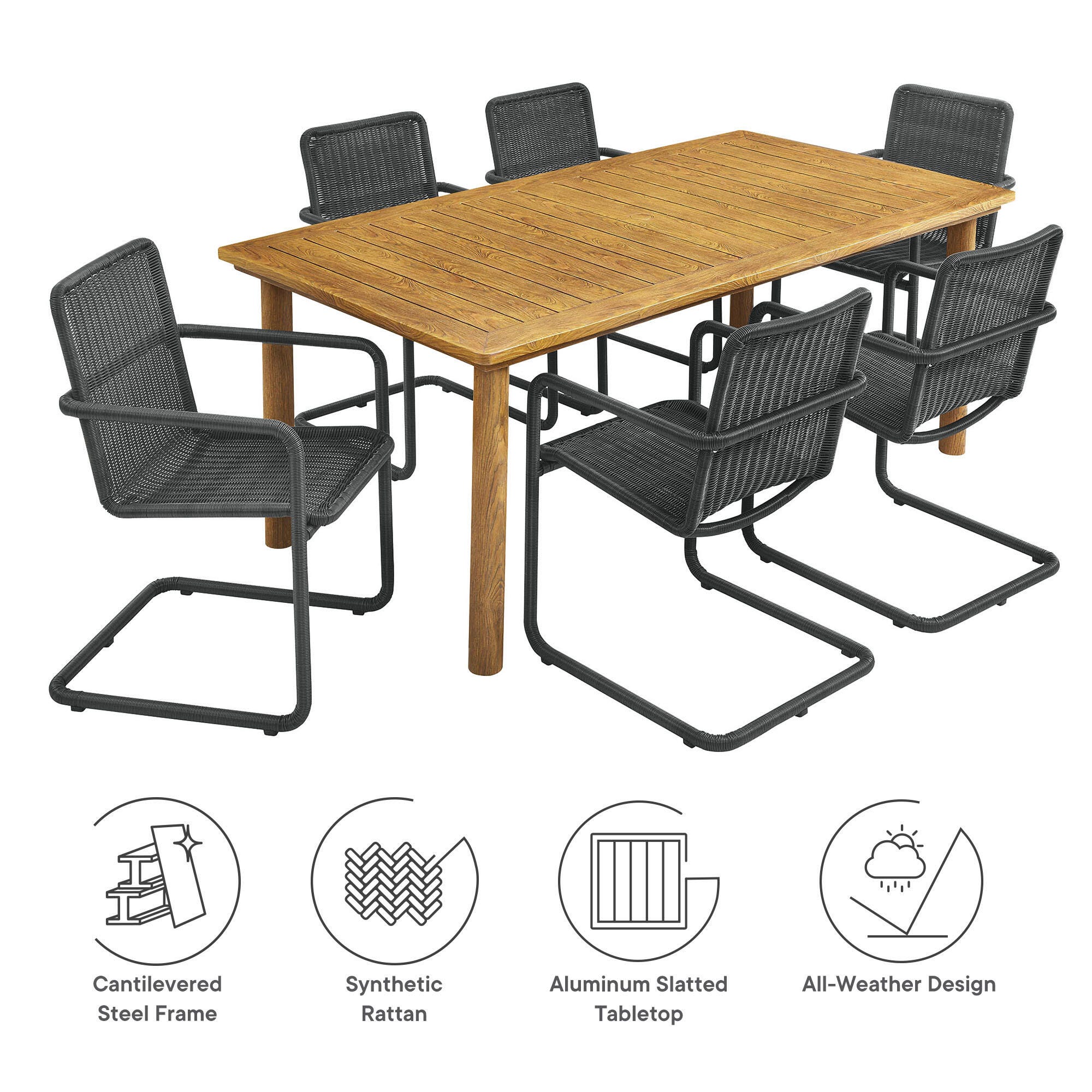 Modway Abacus Outdoor Dining Table and 6 Armchairs, Slate/Natural, large