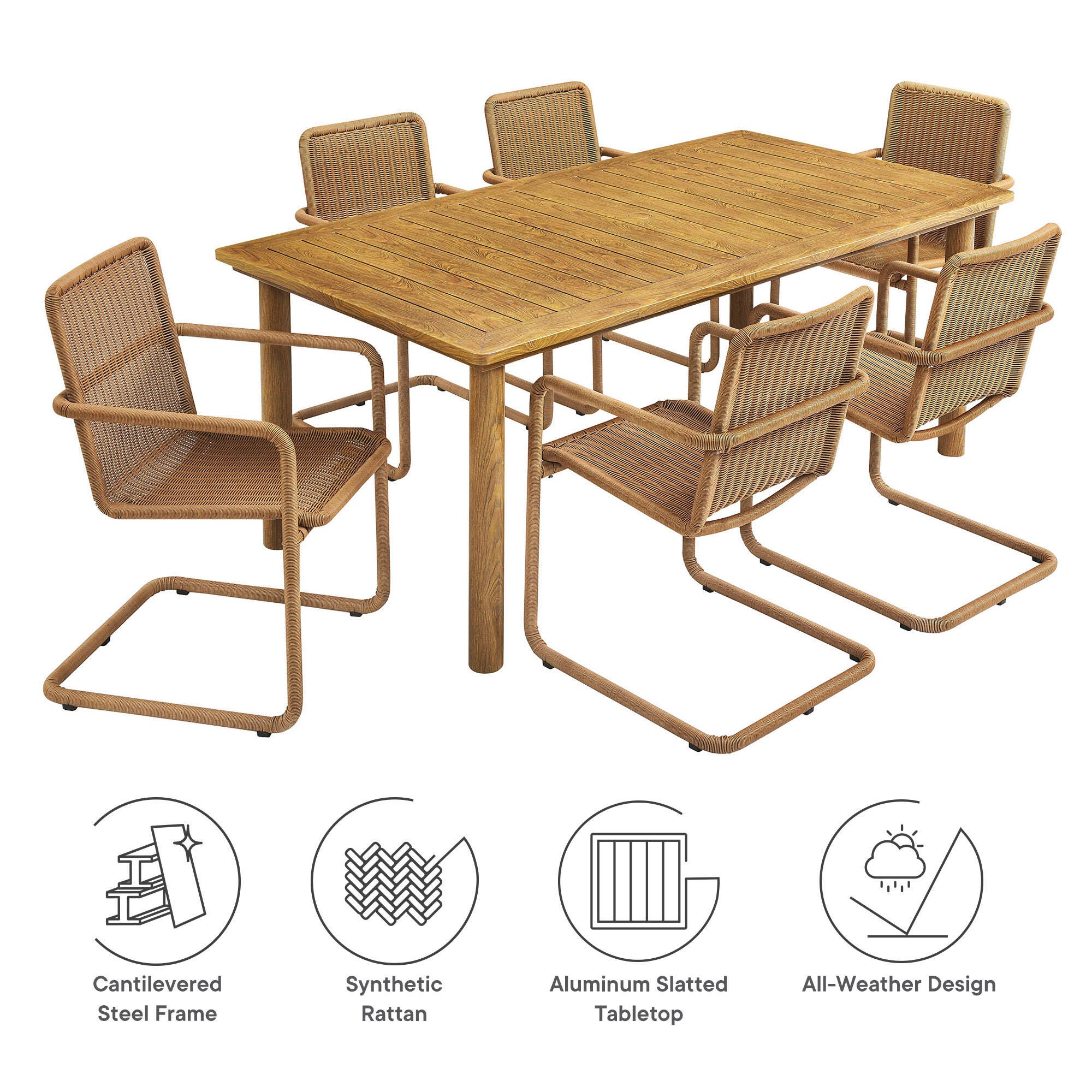 Modway Abacus Outdoor Dining Table and 6 Armchairs, Natural, large