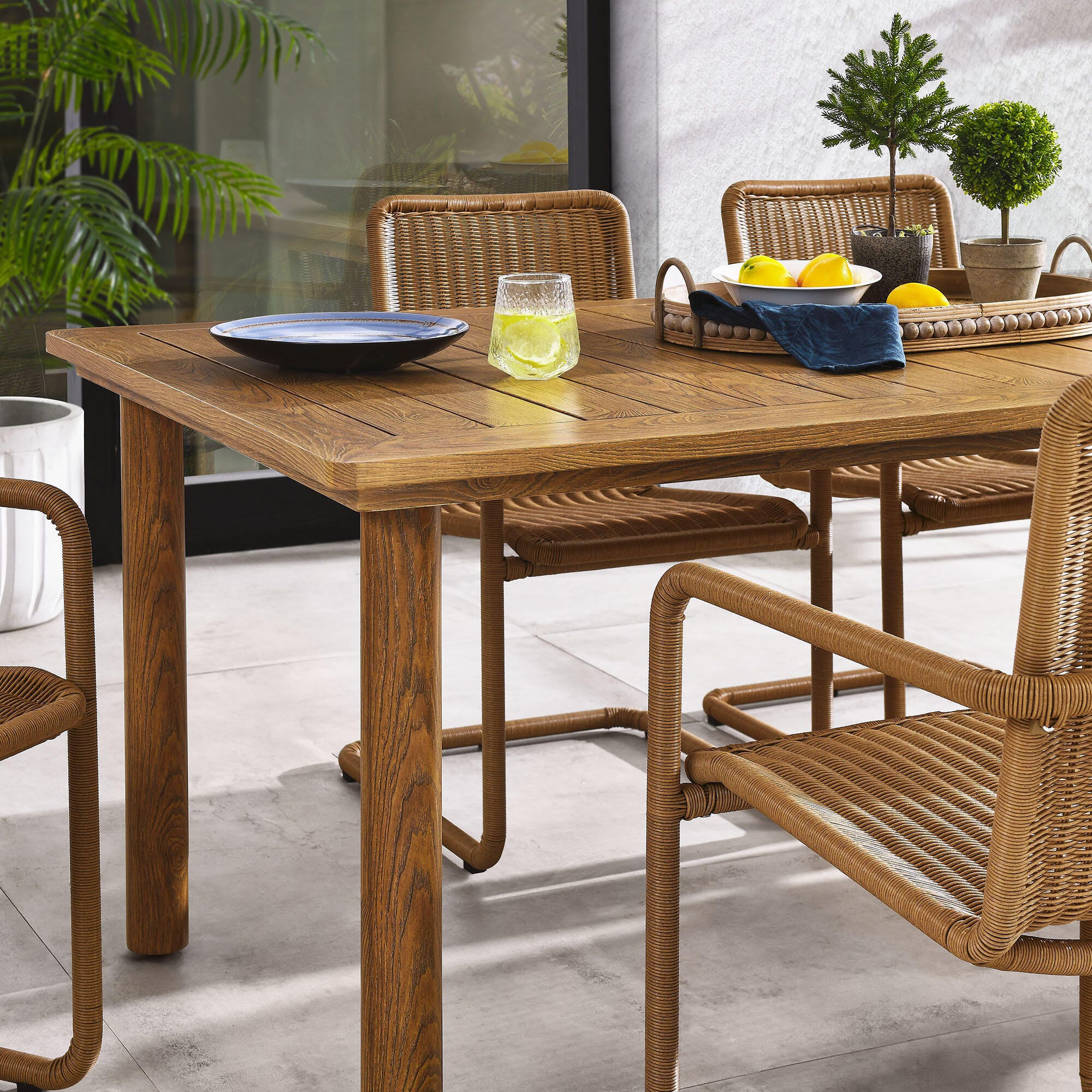 Modway Abacus Outdoor Dining Table and 6 Armchairs, Natural, large