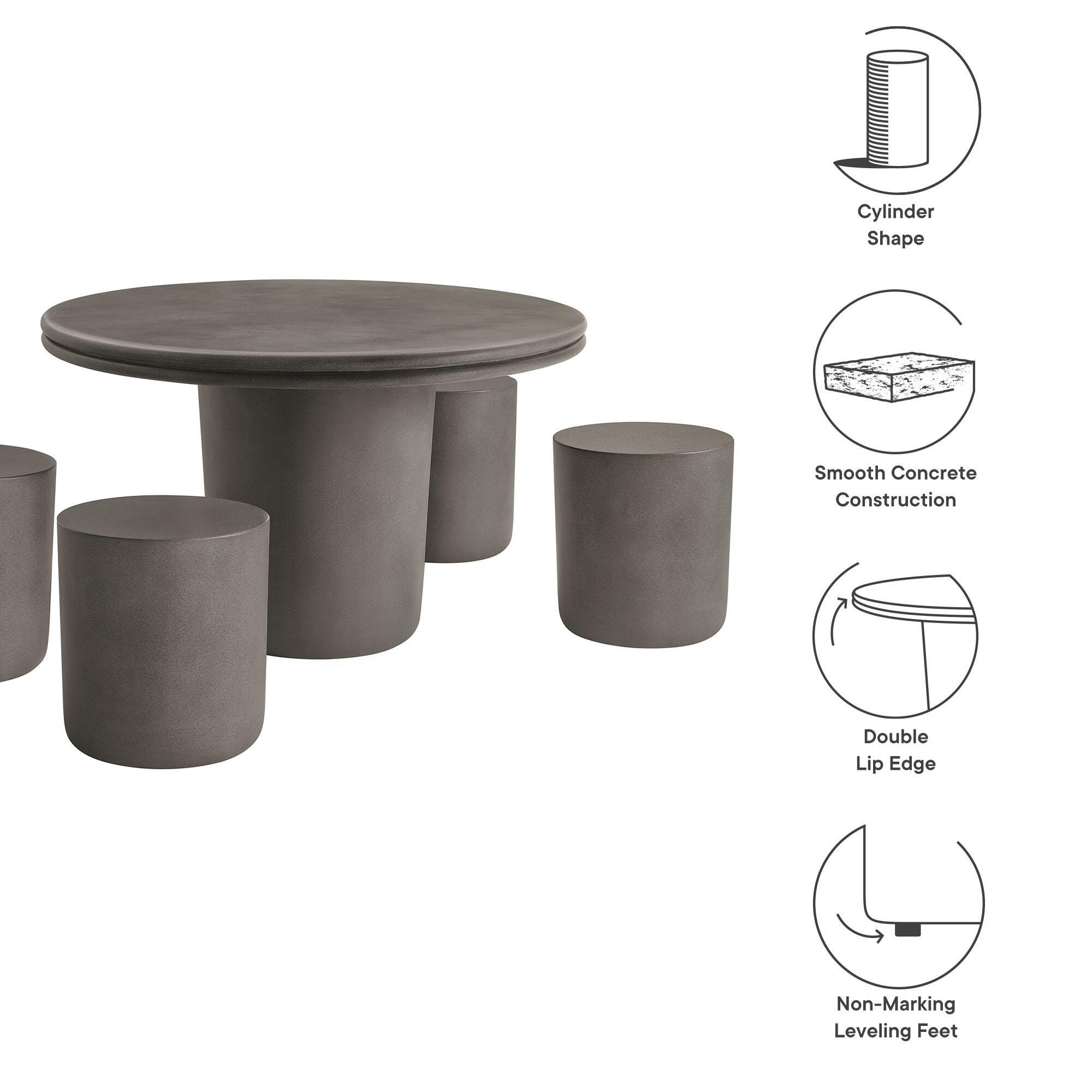 Modway Brion Outdoor Dining Table and 4 Stools, Gray, large