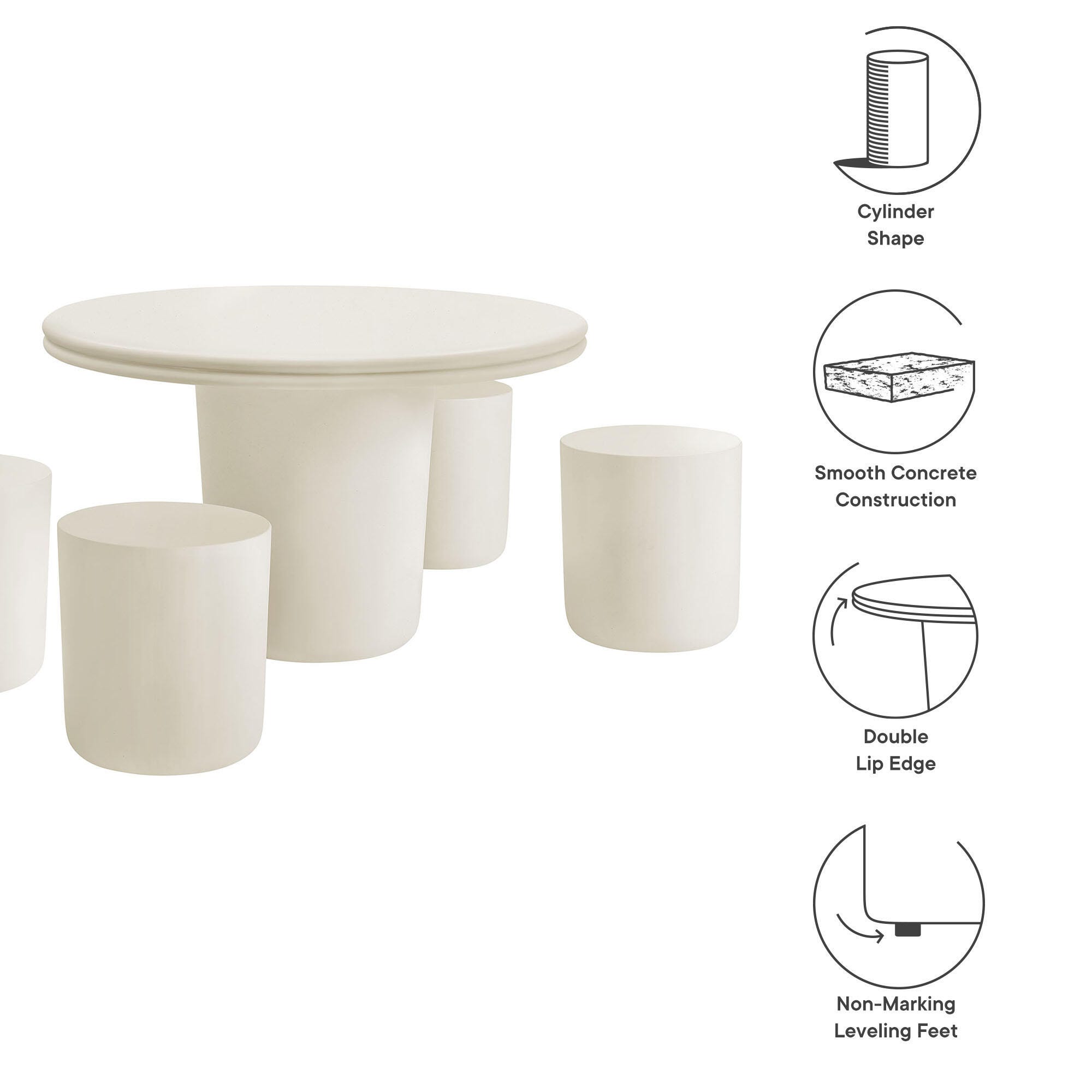 Modway Brion Outdoor Dining Table and 4 Stools, White, large