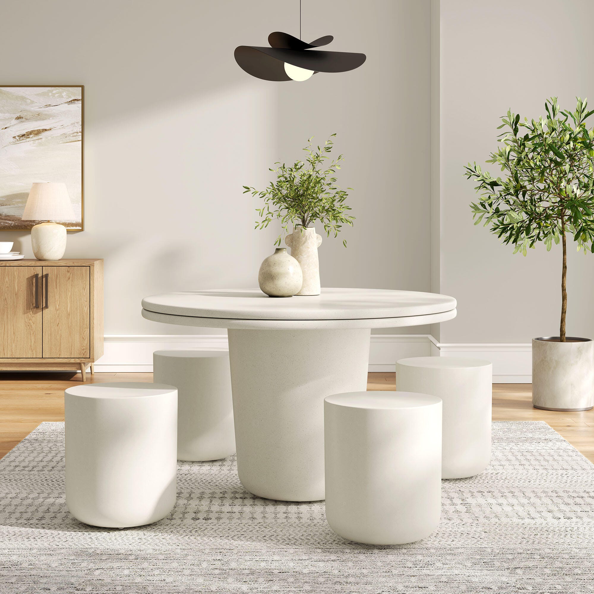 Modway Brion Outdoor Dining Table and 4 Stools, White, large