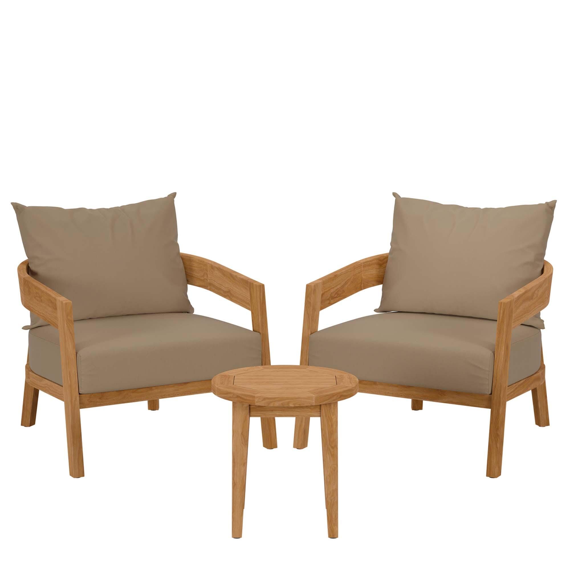 Modway Brisbane Outdoor Side Table and 2 Chairs, Natural/Light Brown, large