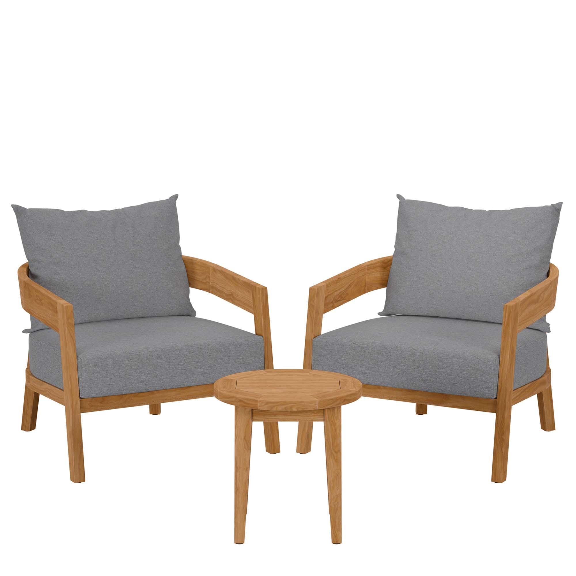 Modway Brisbane Outdoor Side Table and 2 Chairs, Natural/Gray, large