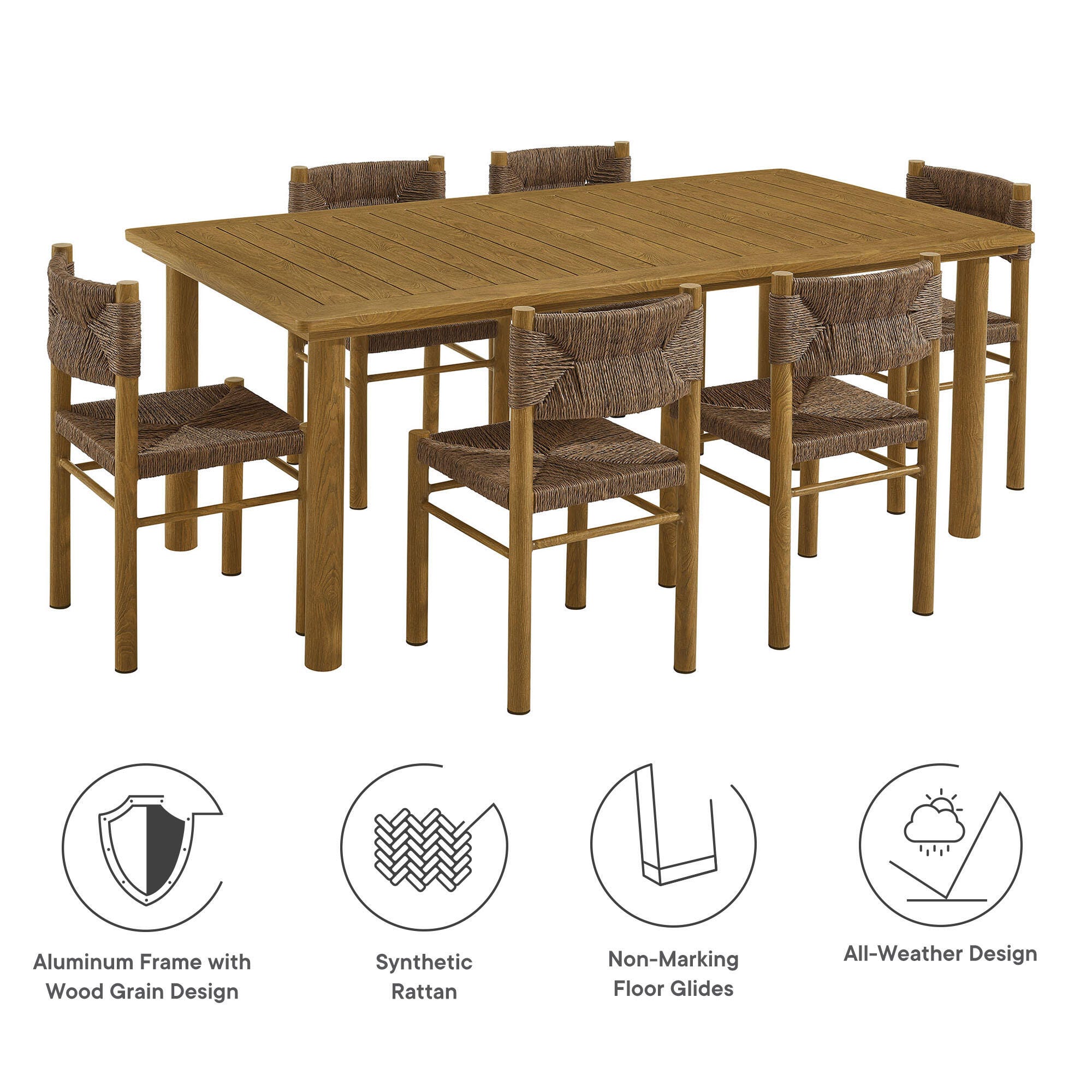 Modway Parkland Outdoor Dining Table and 6 Chairs, Natural, large