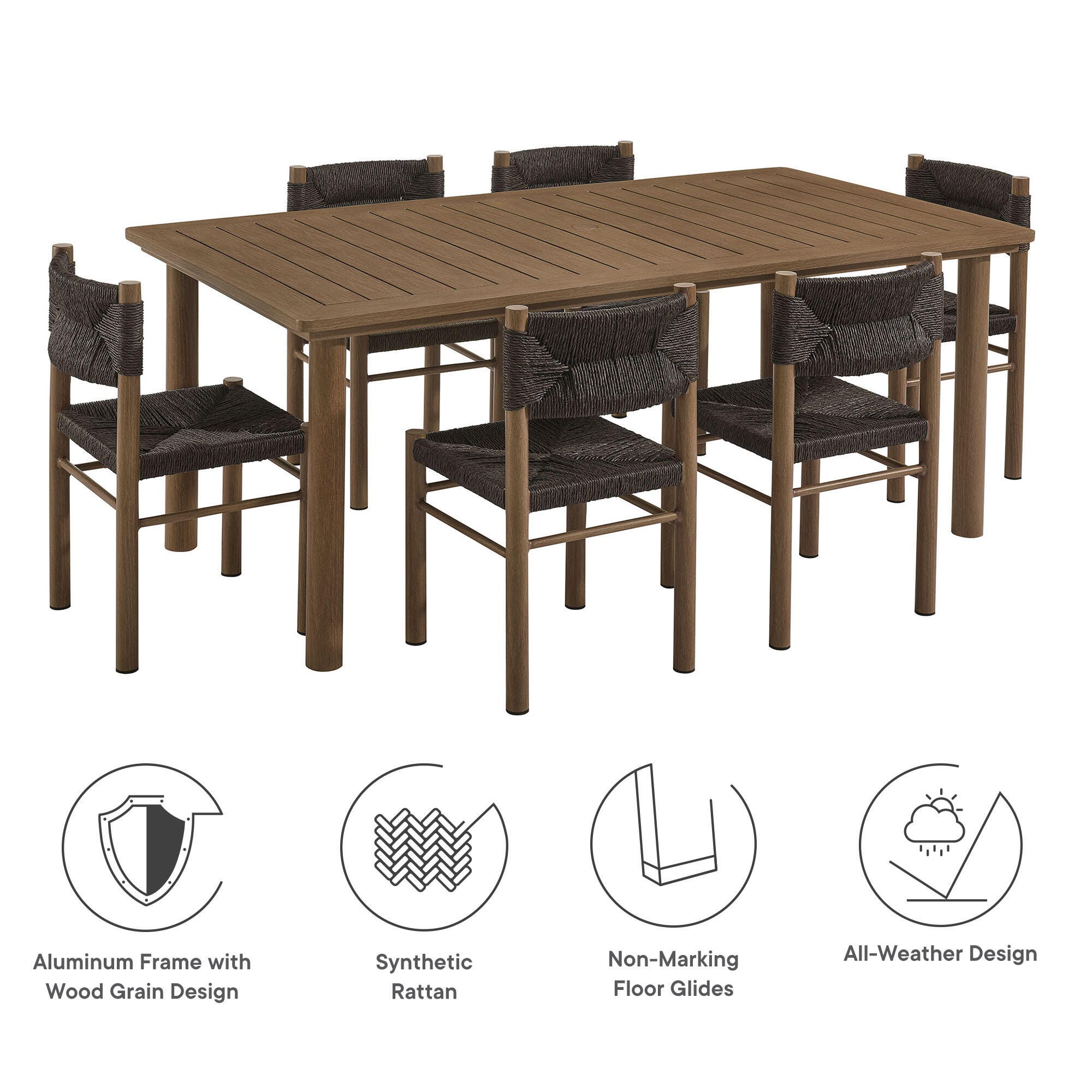 Modway Parkland Outdoor Dining Table and 6 Chairs, Walnut, large