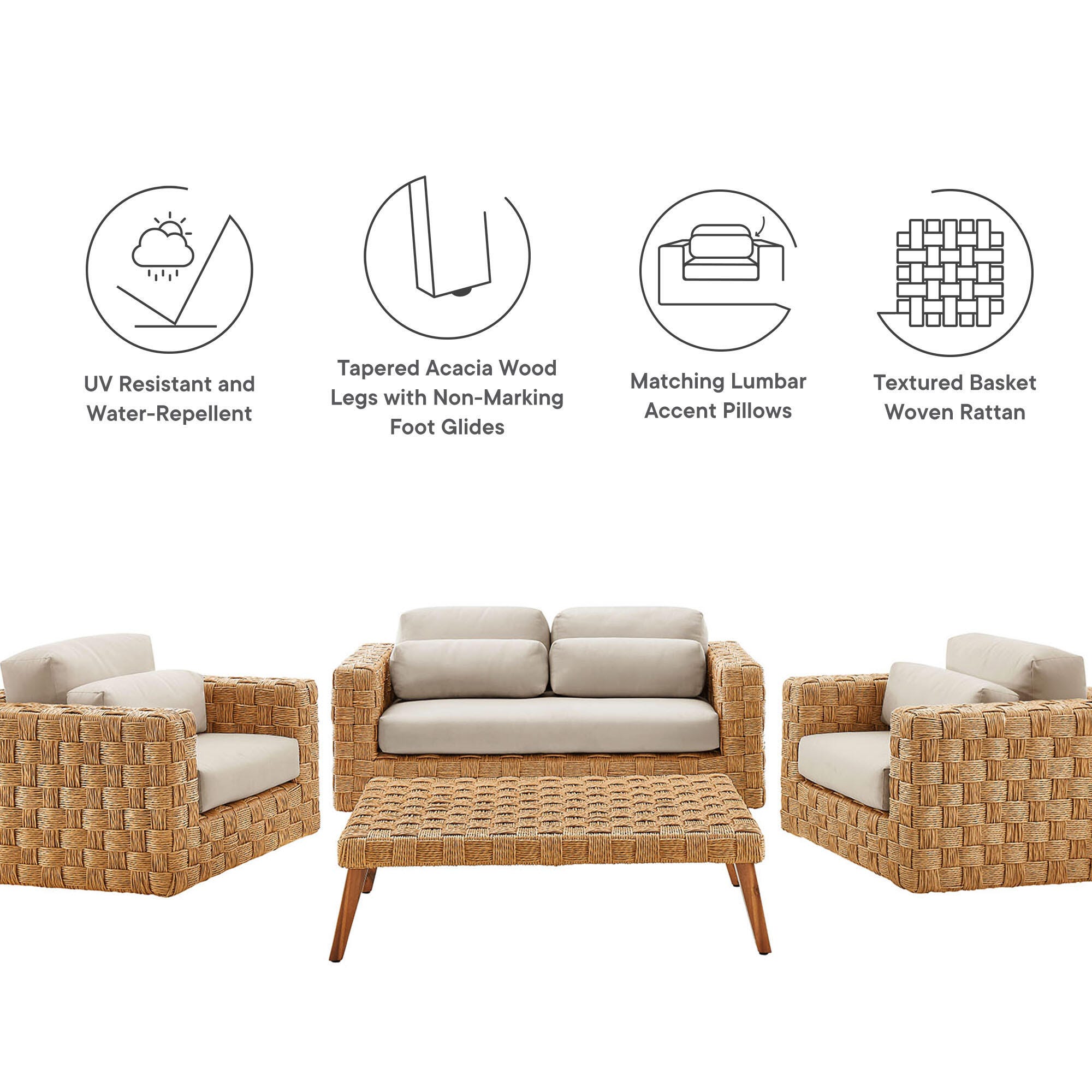 Modway Thames Outdoor Loveseat and 2 Armchairs with Coffee Table, , large