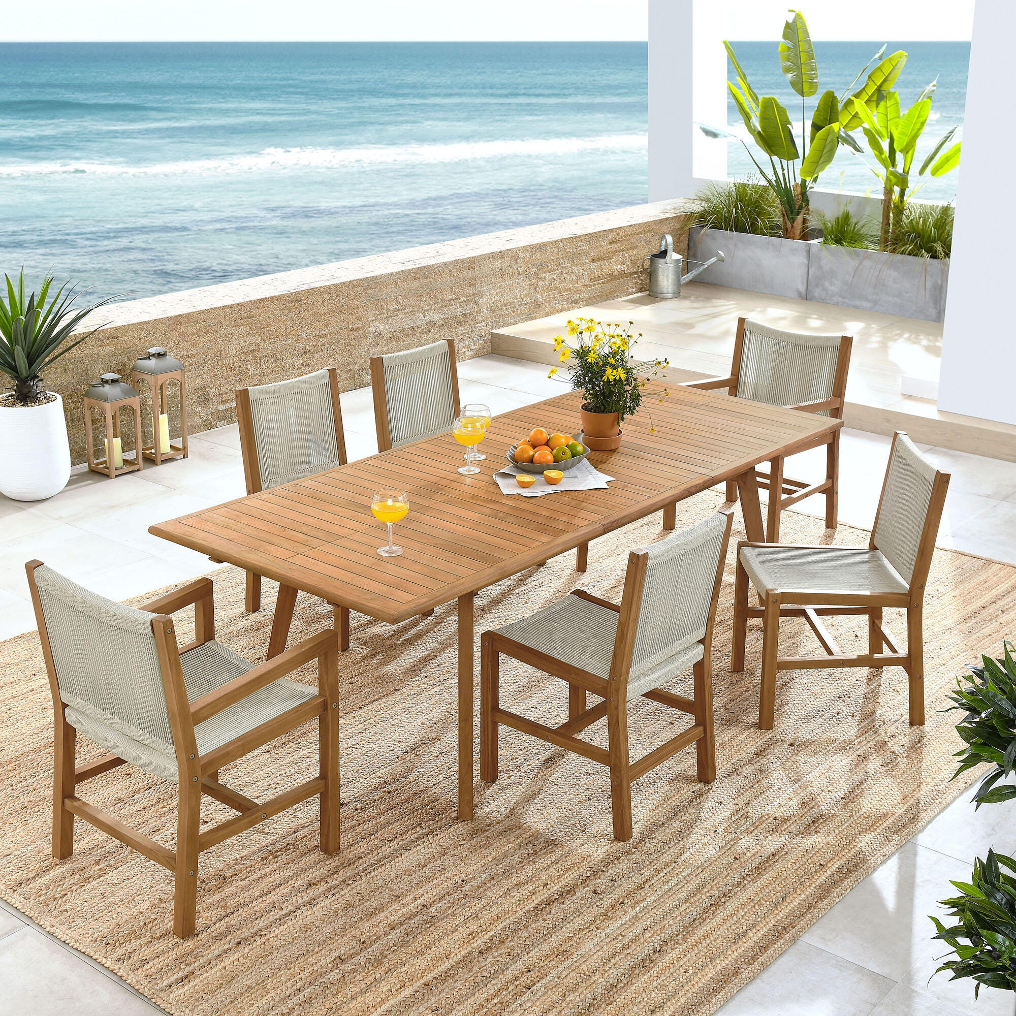 Modway Vienna Outdoor Dining Table and 6 Chairs, Natural/Natural, rollover