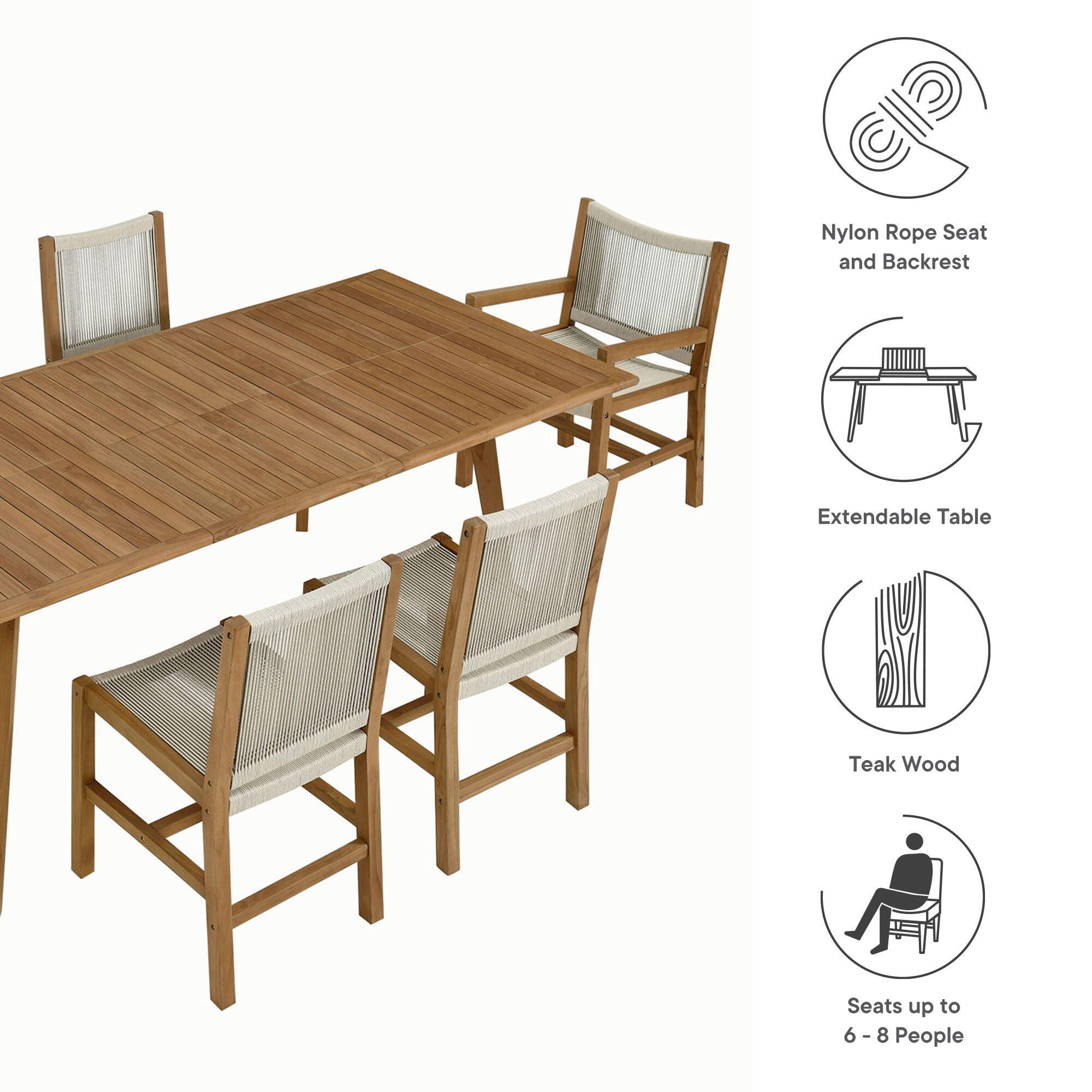 Modway Vienna Outdoor Dining Table and 6 Chairs, Natural/Natural, large