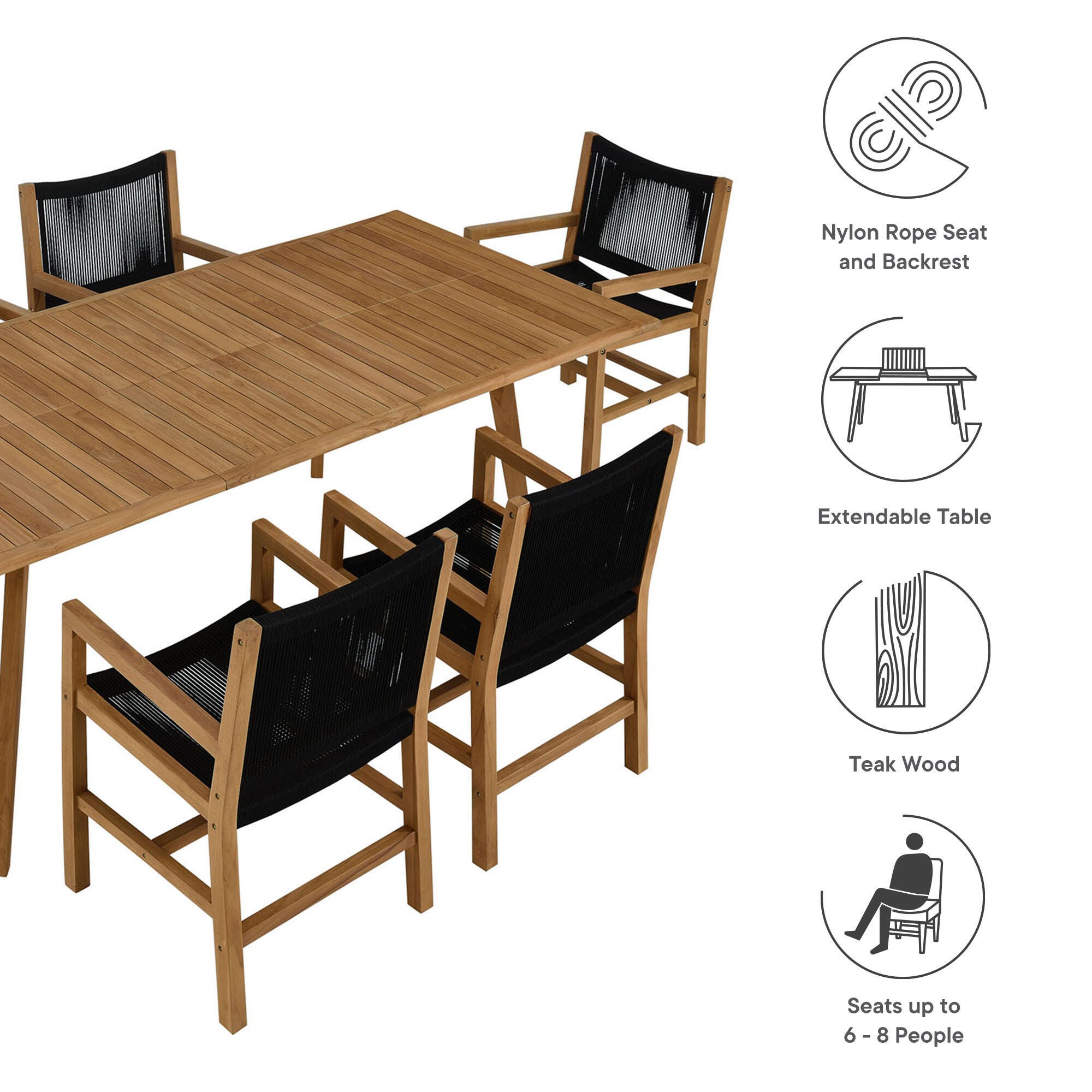 Modway Vienna Outdoor Dining Table and 6 Armchairs, Natural/Black, large