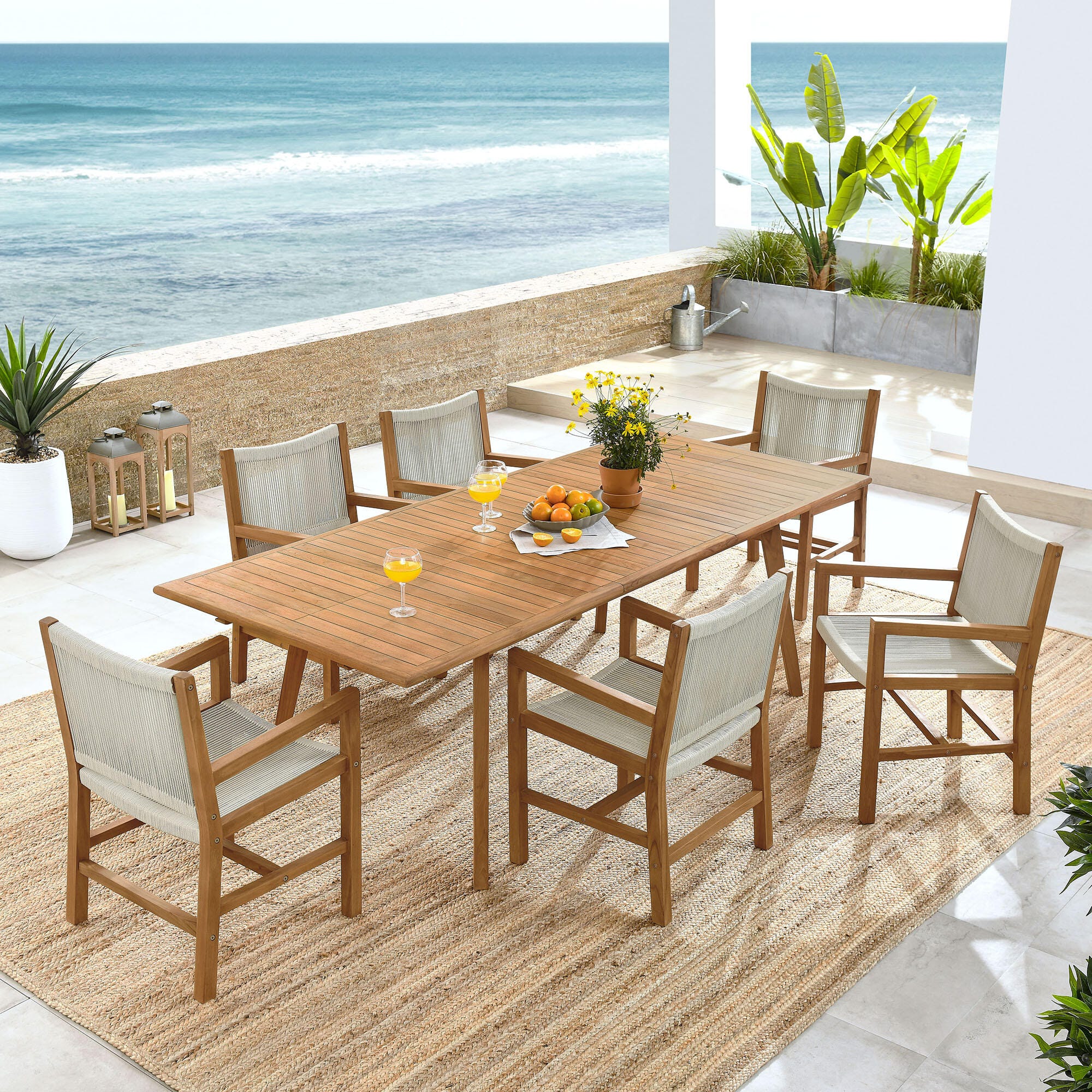 Modway Vienna Outdoor Dining Table and 6 Armchairs, Natural, rollover