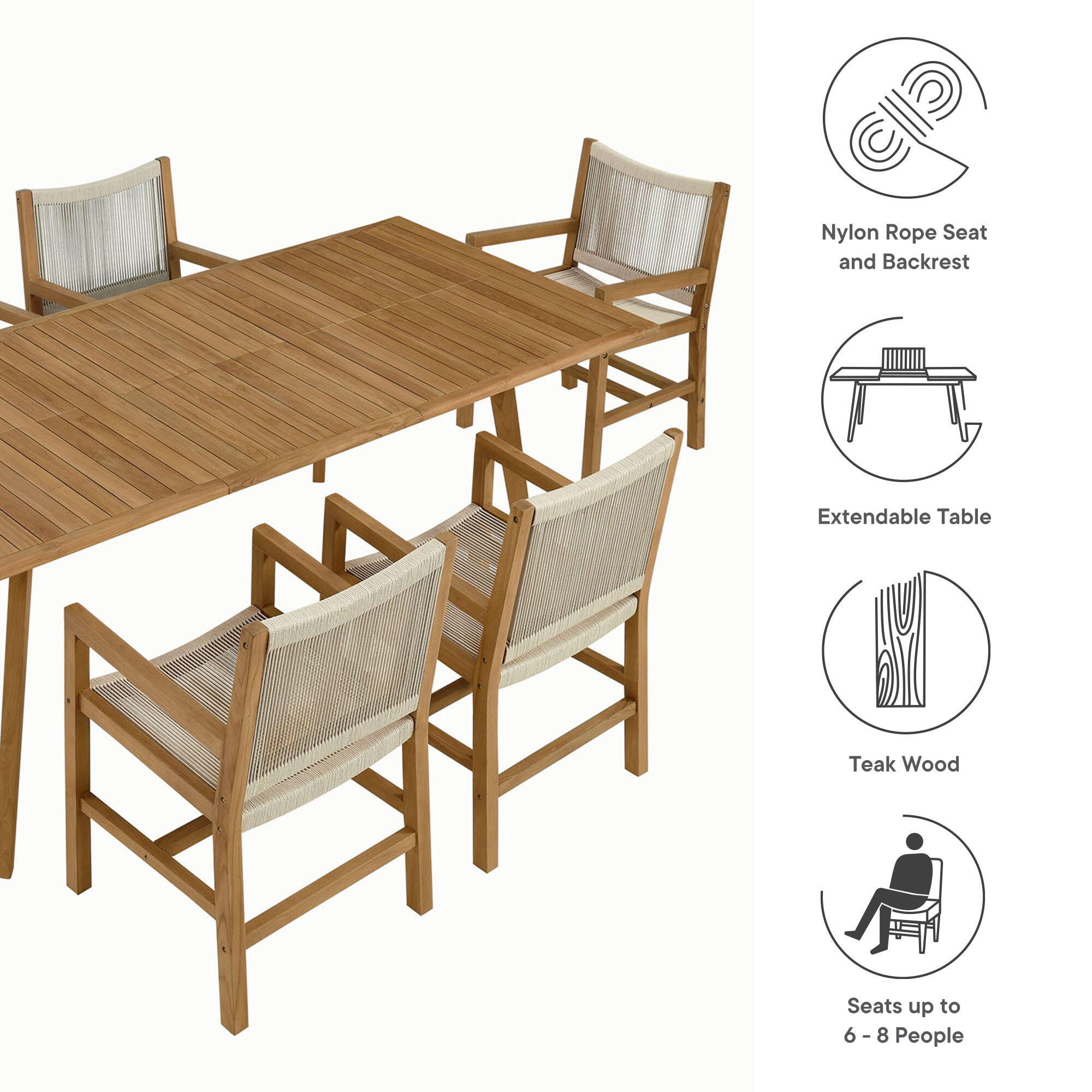 Modway Vienna Outdoor Dining Table and 6 Armchairs, Natural, large
