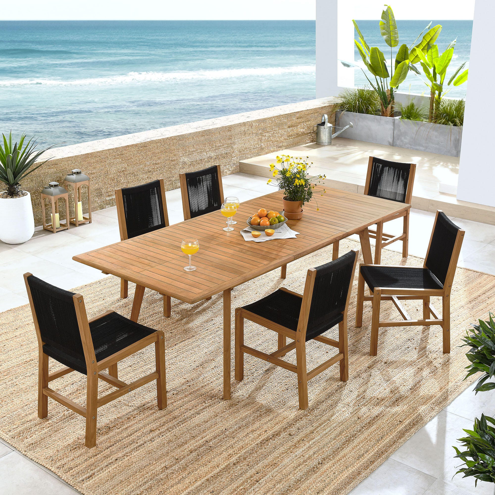 Modway Vienna Outdoor Dining Table and 6 Armless Chairs, Natural/Black, rollover
