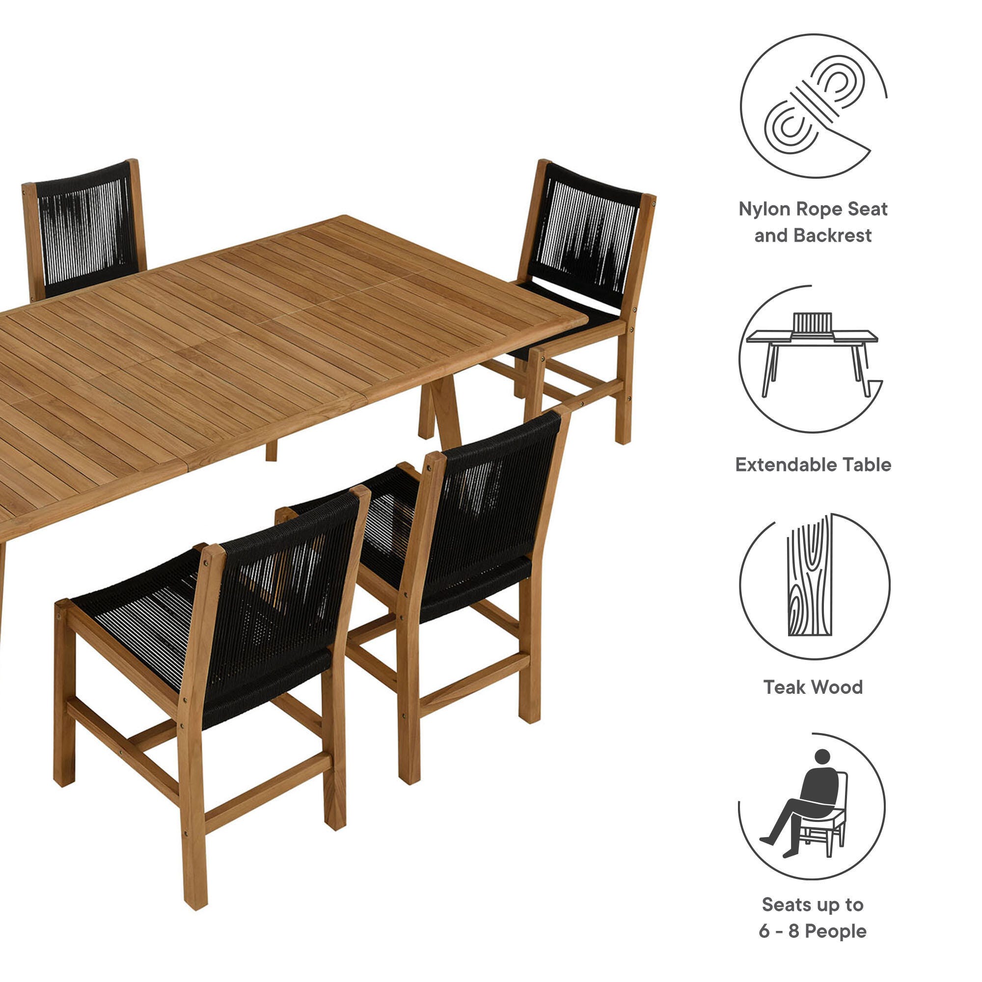 Modway Vienna Outdoor Dining Table and 6 Armless Chairs, Natural/Black, large