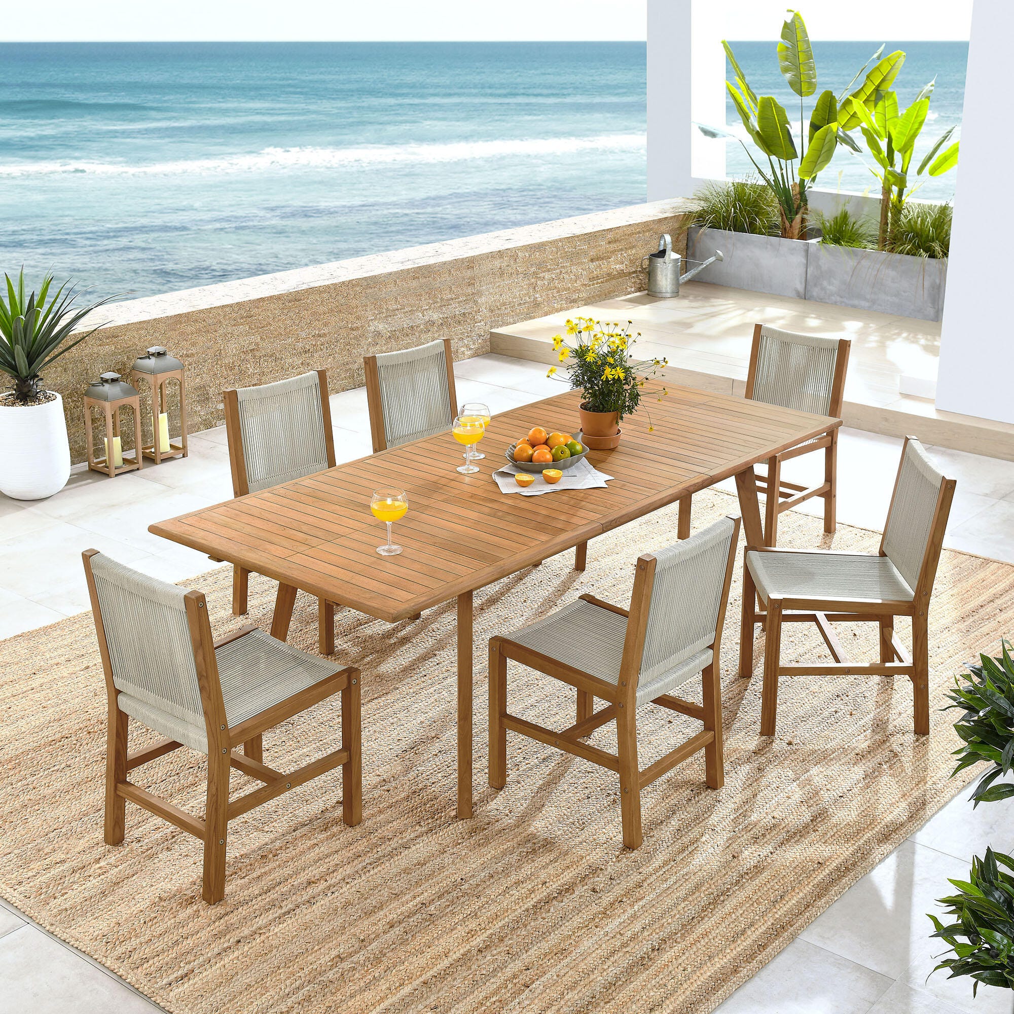 Modway Vienna Outdoor Dining Table and 6 Armless Chairs, Natural, rollover