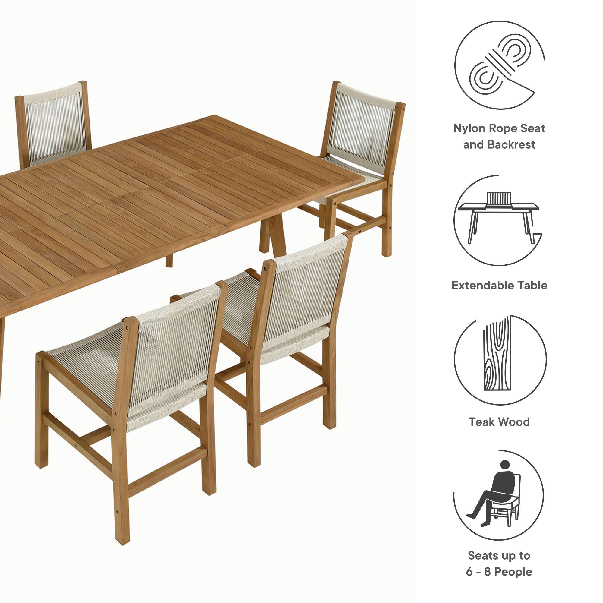 Modway Vienna Outdoor Dining Table and 6 Armless Chairs, Natural, large