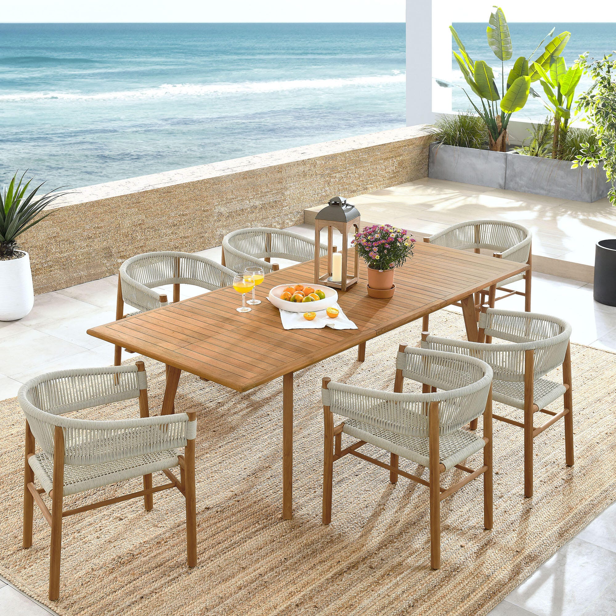 Modway Vienna Outdoor Dining Table and 6 Curved-Back Armchairs, Natural, rollover