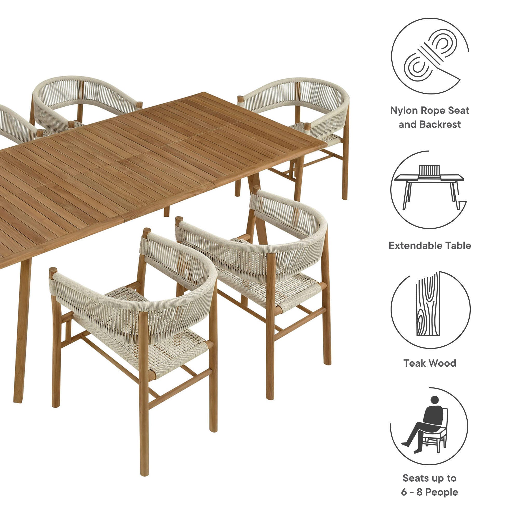 Modway Vienna Outdoor Dining Table and 6 Curved-Back Armchairs, Natural, large
