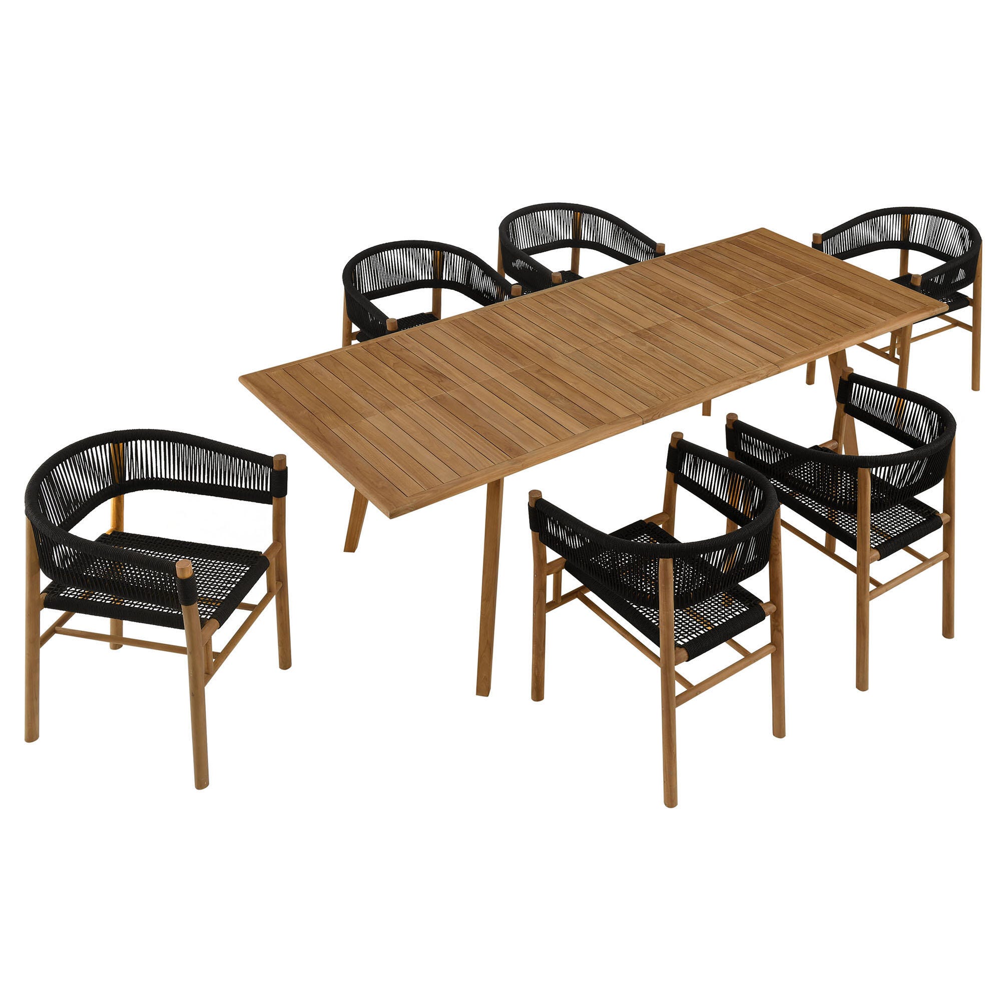 Modway Vienna Outdoor Dining Table and 6 Curved-Back Armchairs, Natural/Black, large