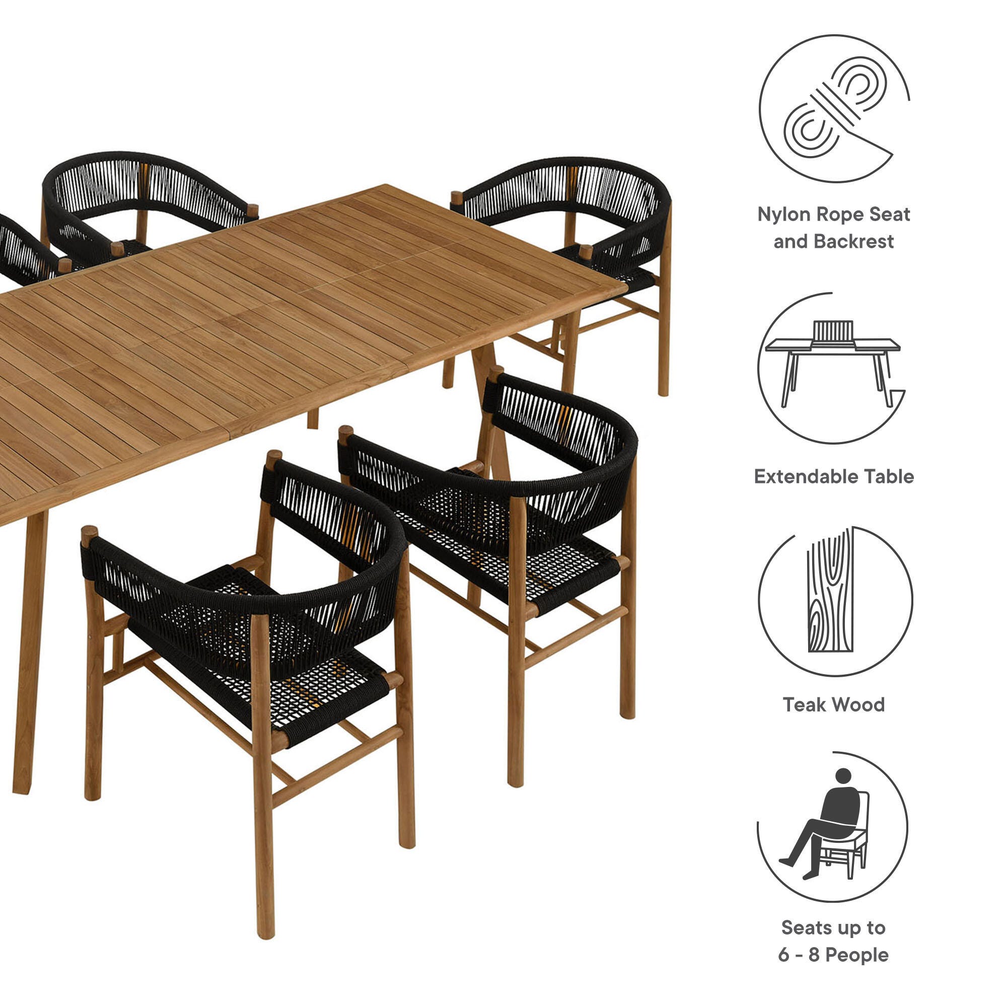 Modway Vienna Outdoor Dining Table and 6 Curved-Back Armchairs, Natural/Black, large