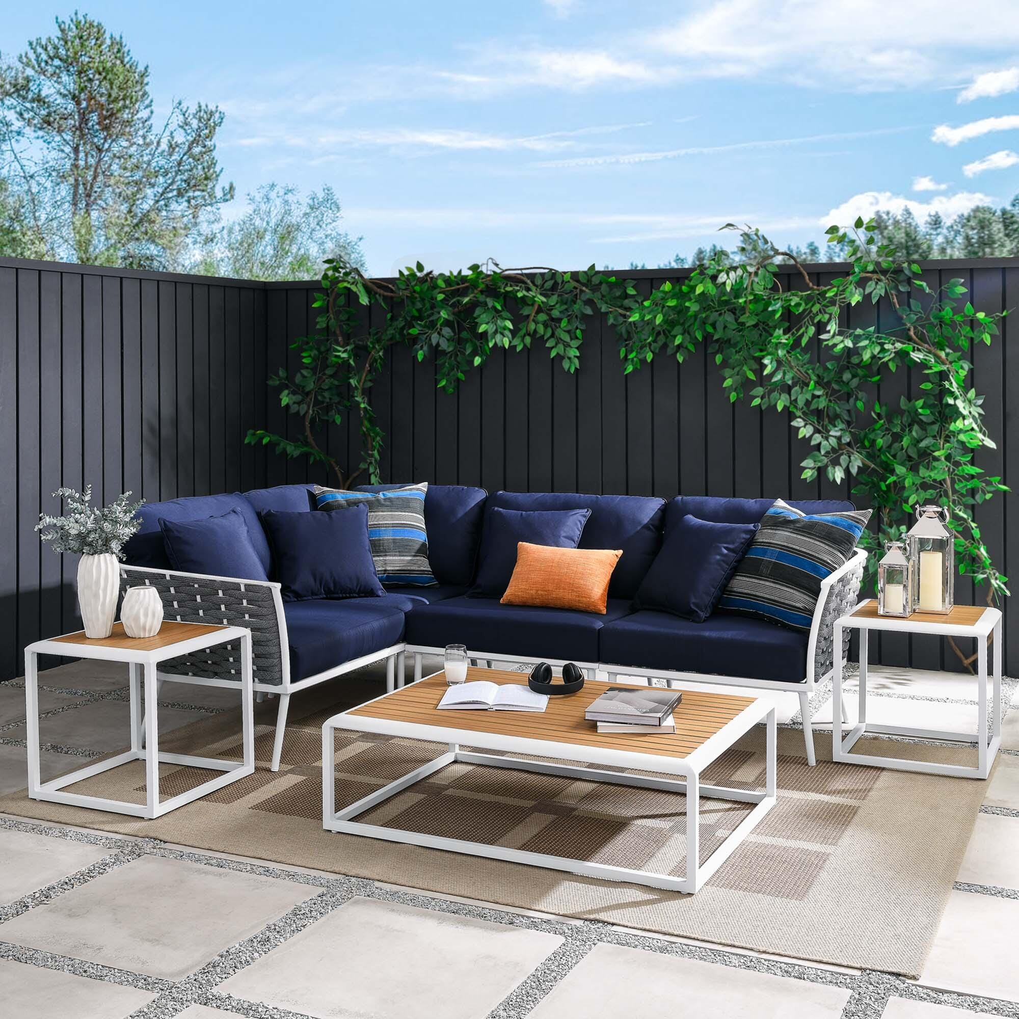 Modway Stance 7-Piece Outdoor Sectional Set, White/Navy, large