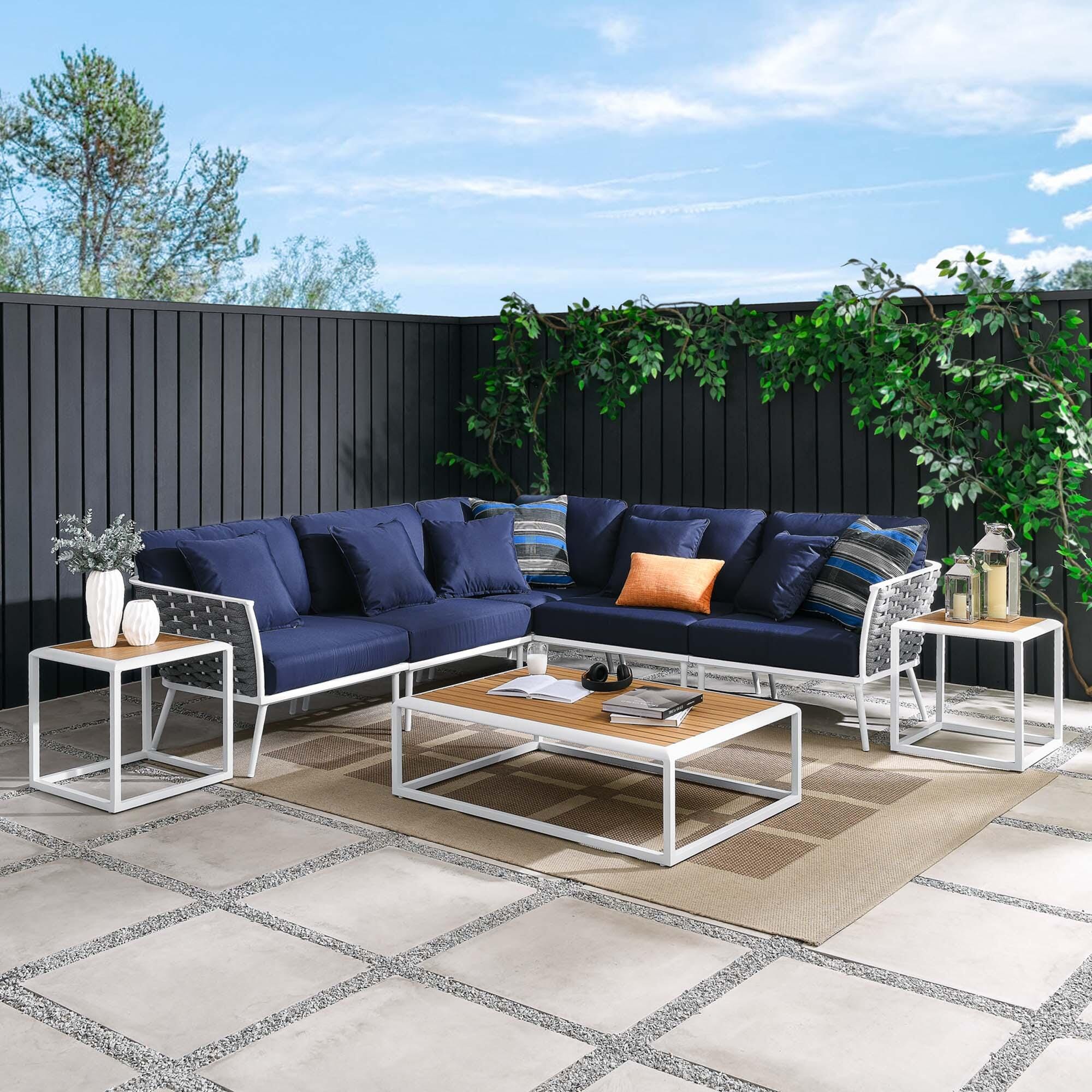 Modway Stance 8-Piece Outdoor Sectional Set, White/Navy, rollover
