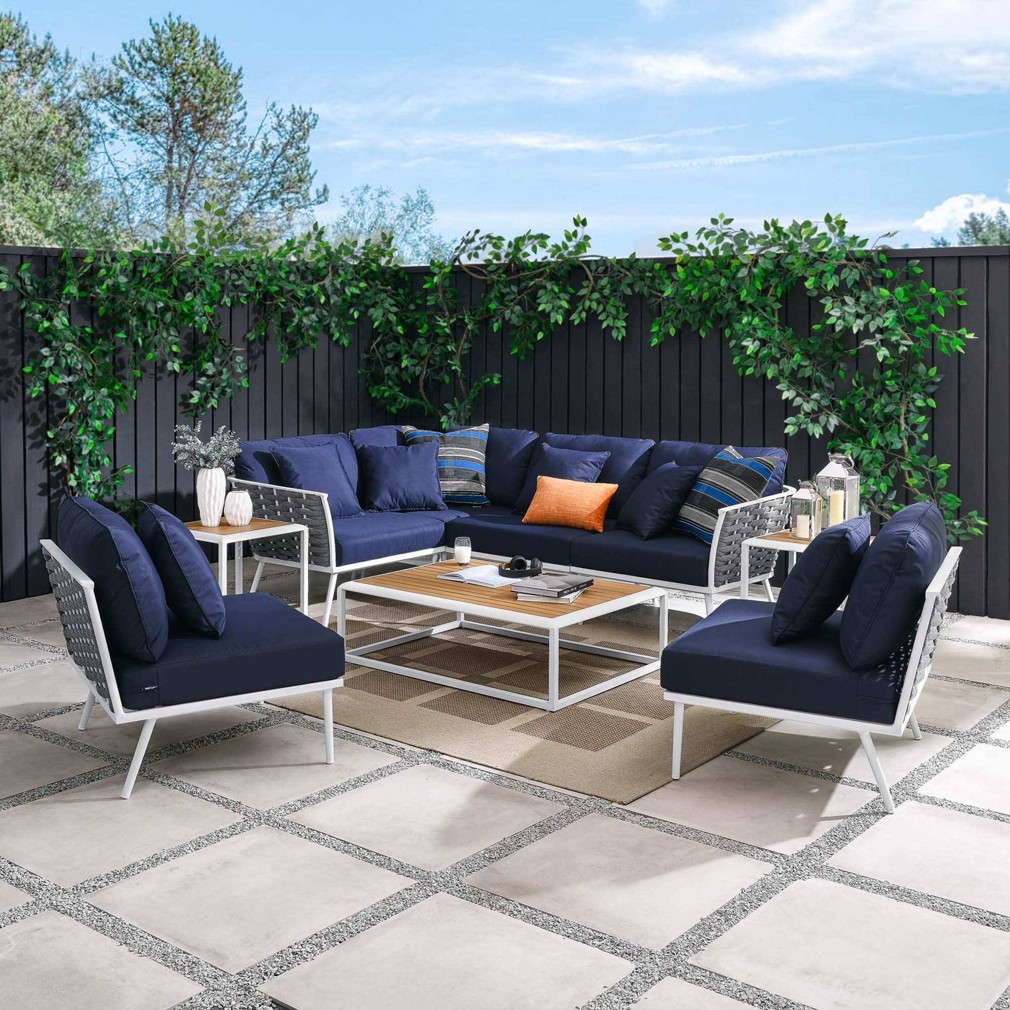 Modway Stance 9-Piece Outdoor Sectional Set, White/Navy, rollover
