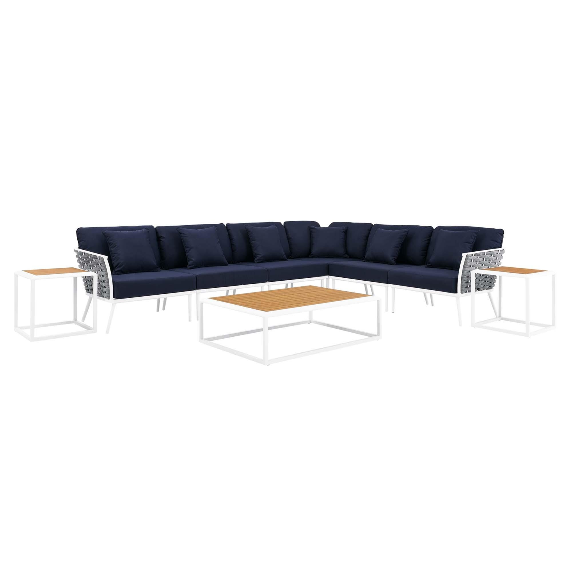 Modway Stance 9-Piece Outdoor Sectional Set, White/Navy, large