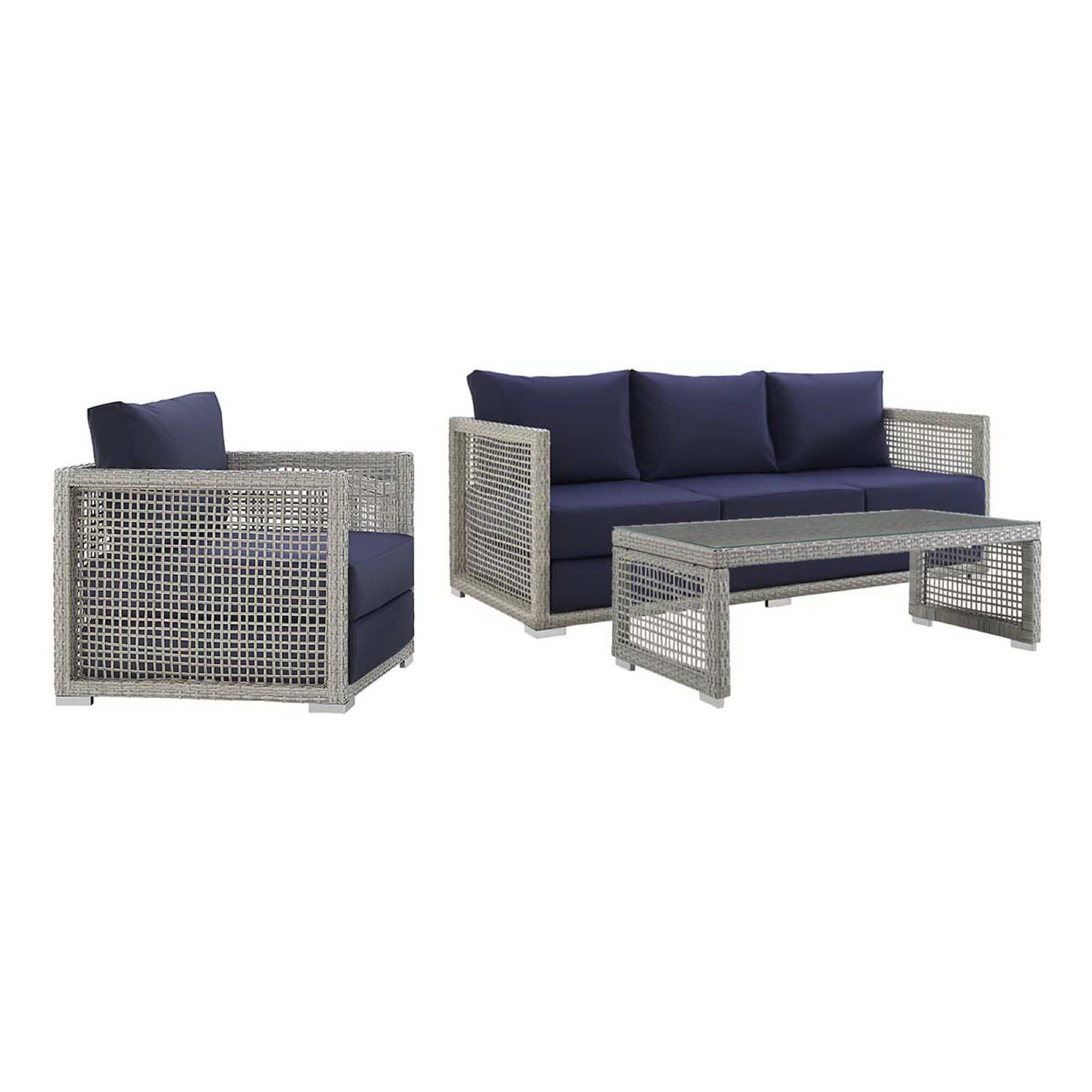 Modway Aura Outdoor Sofa with Armchair and Coffee Table, Gray/Navy, large