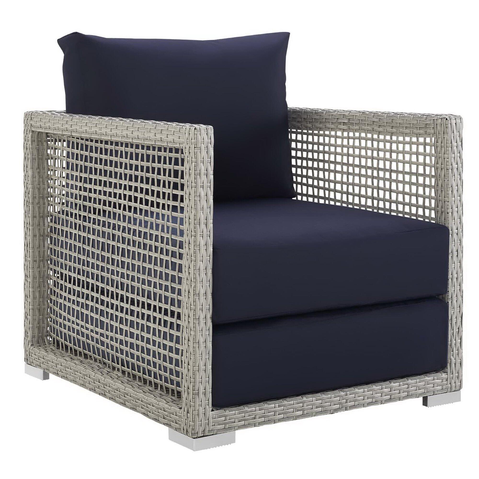 Modway Aura Outdoor Sofa with Armchair and Coffee Table, Gray/Navy, large