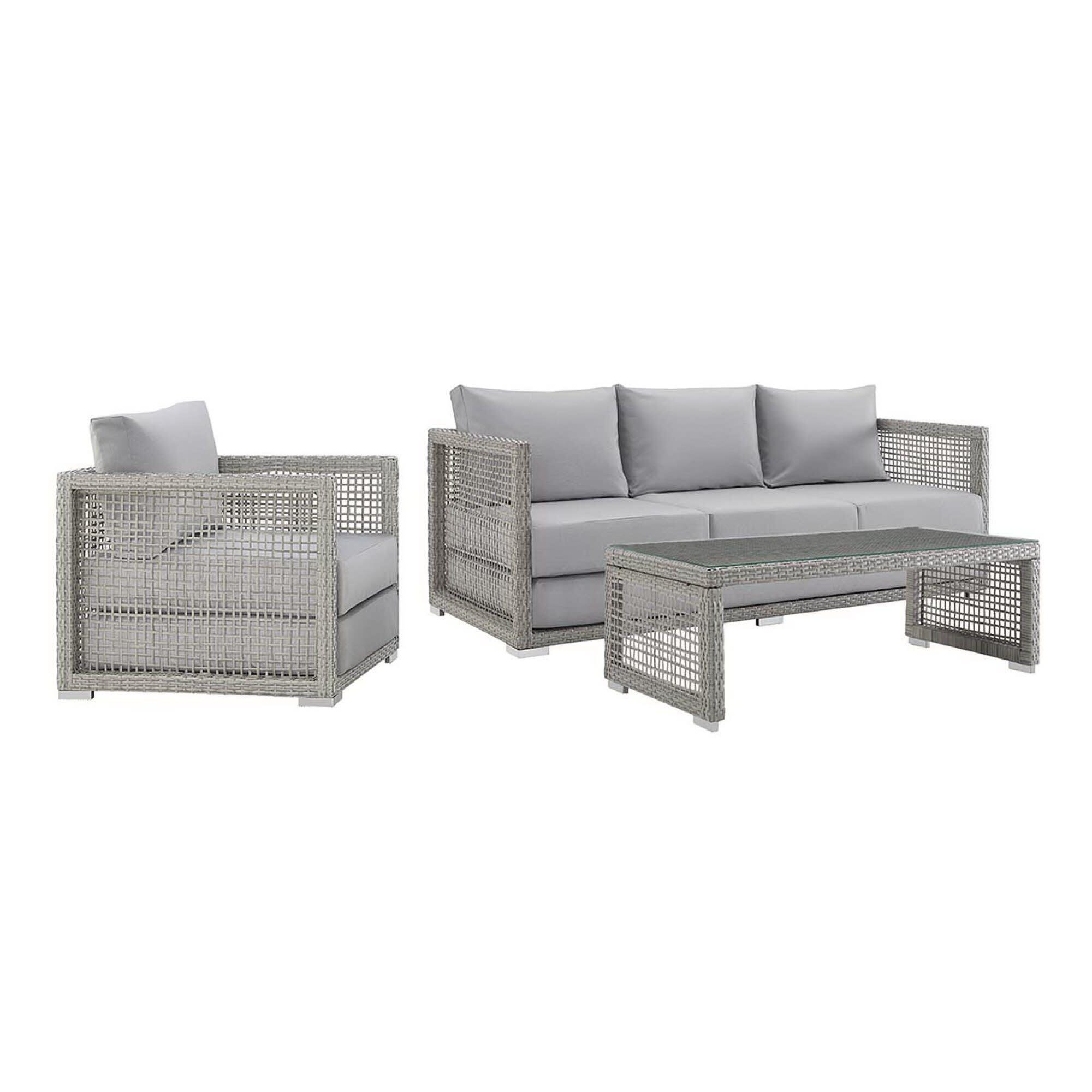 Modway Aura Outdoor Sofa with Armchair and Coffee Table, Gray/Gray, large