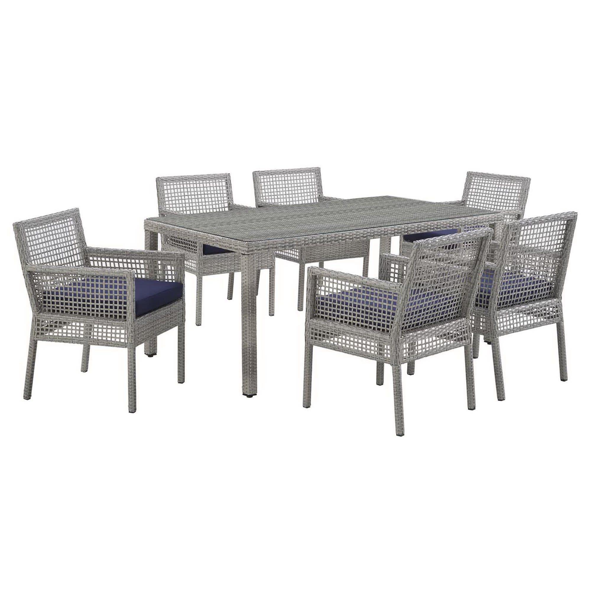 Modway Aura Outdoor Dining Table and 6 Chairs, Gray/Navy, large