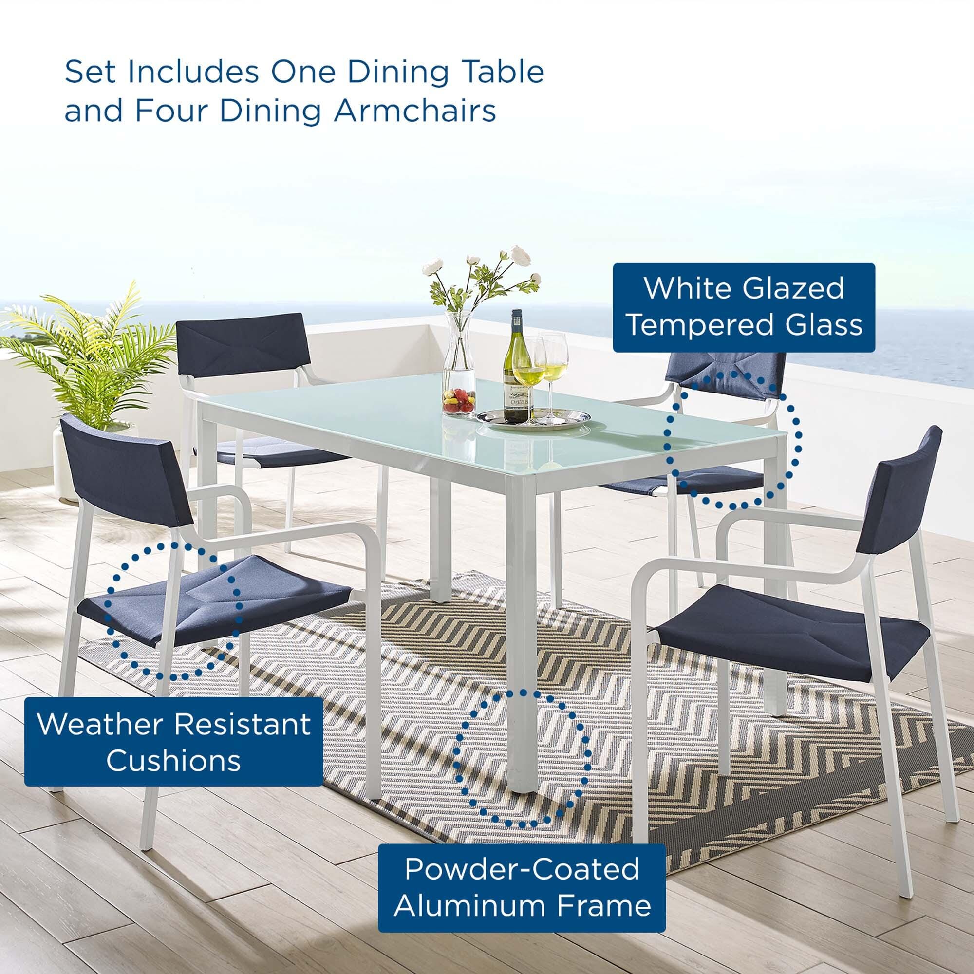 Modway Raleigh Outdoor Dining Table and 4 Chairs, White/Navy, large