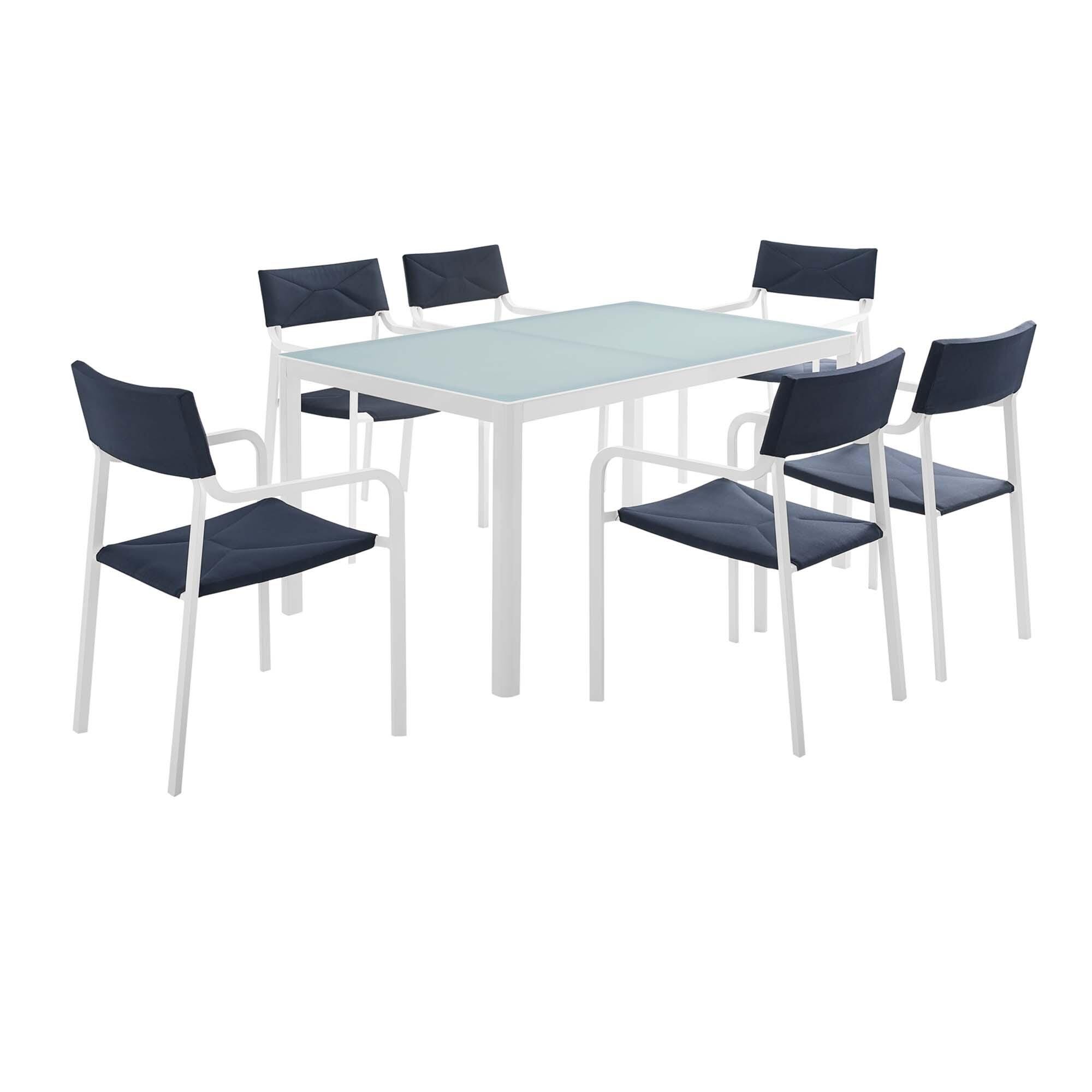 Modway Raleigh Outdoor Dining Table and 6 Chairs, White/Navy, large