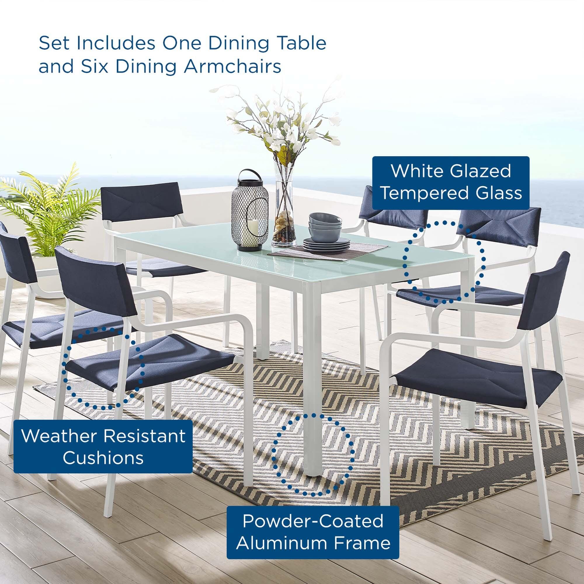 Modway Raleigh Outdoor Dining Table and 6 Chairs, White/Navy, large