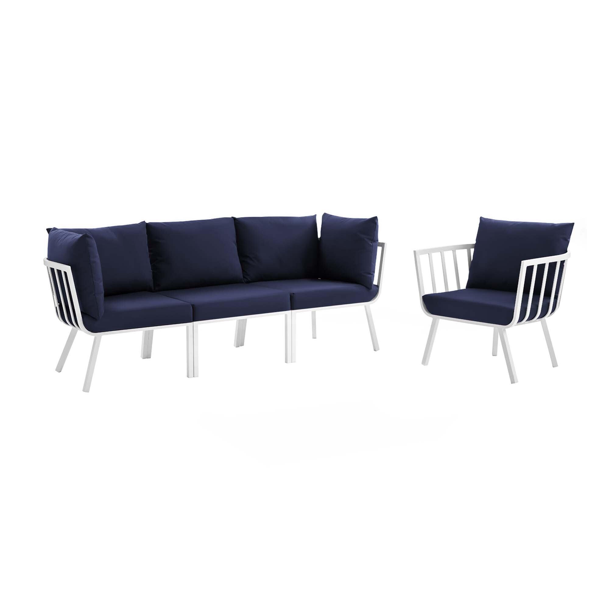 Modway Riverside Outdoor Sofa and Armchair, White/Navy, large